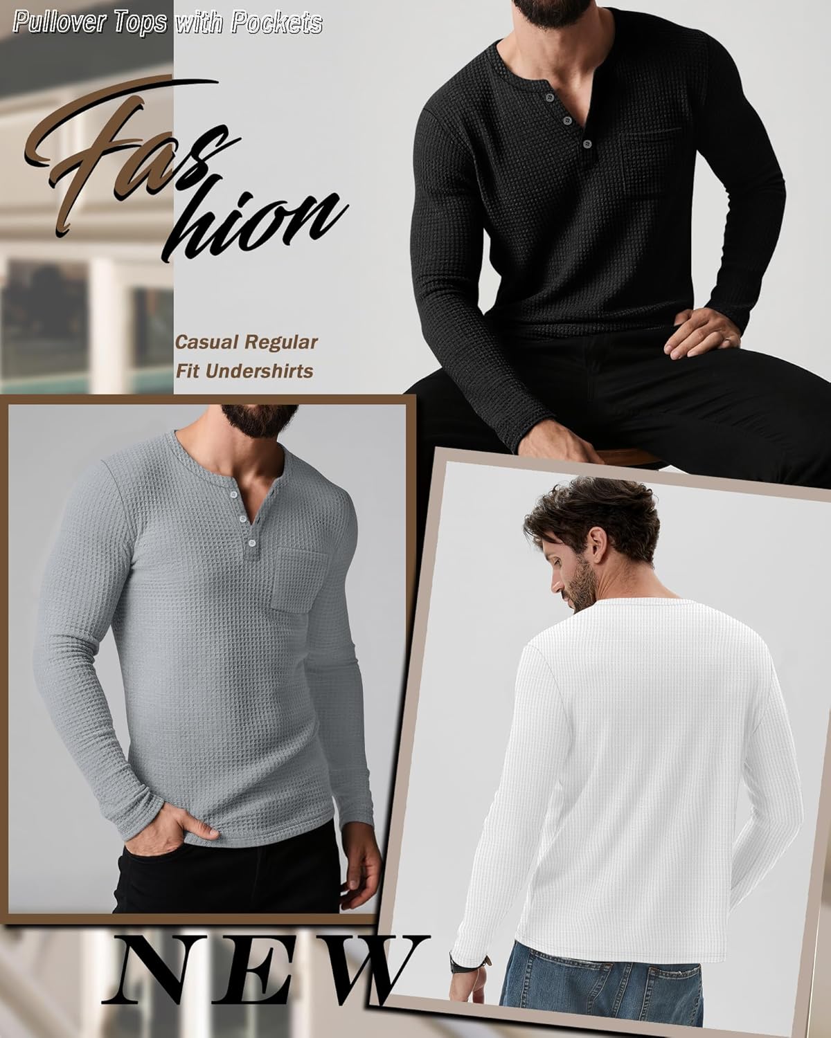 August Alley 3 Pack Men's Waffle Henley Long Sleeve Thermal Shirts, Lightweight Casual Undershirts Pullover Tops with Pockets