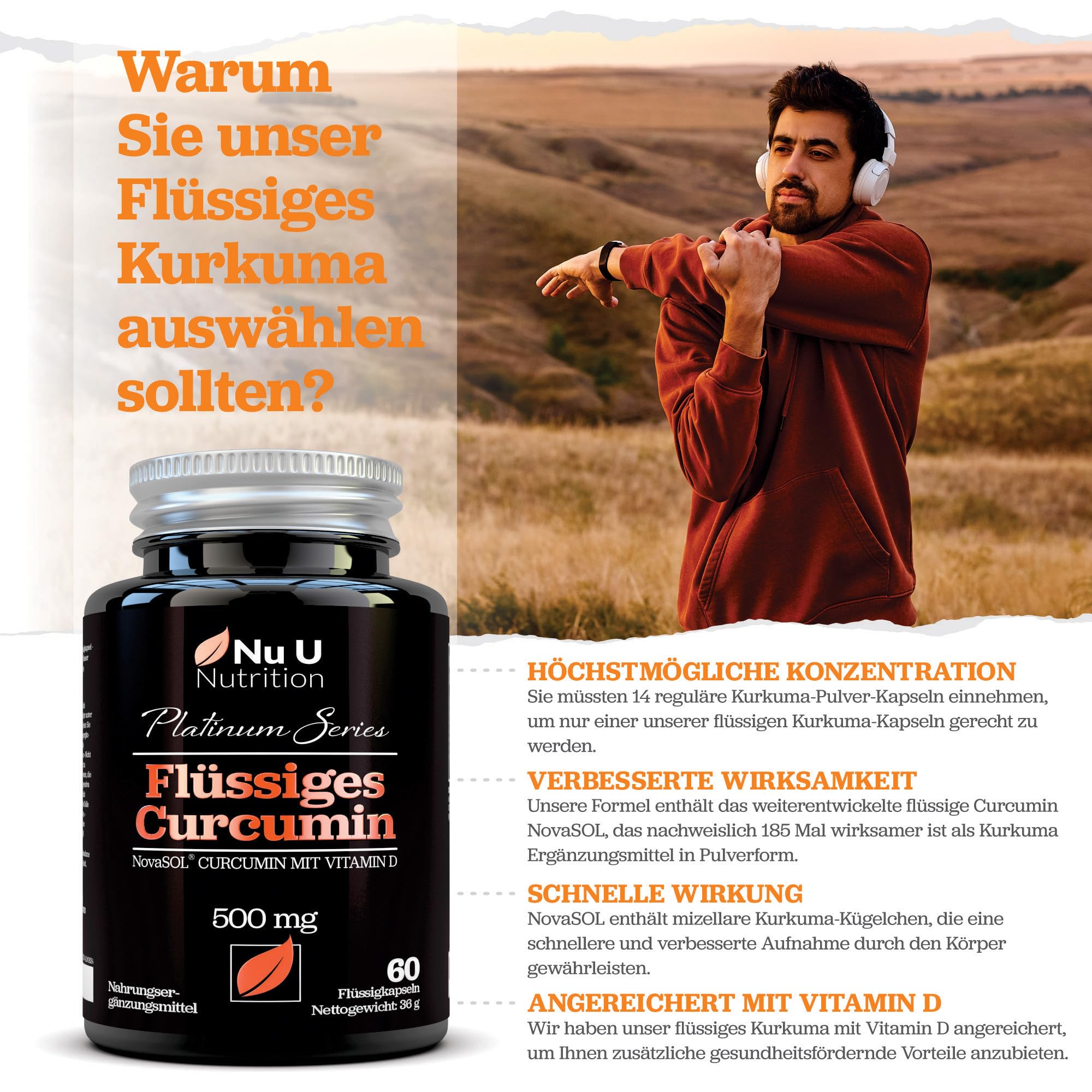 Kurkuma (curcuma) Kapseln (flüssig) mit Vitamin D 185x stärkere Bioverfügbarkeit NovaSOL® Curcumin Hochdosiert vegetarisch Premium flüssiges Curcumin, 60 kapseln hochdosiert