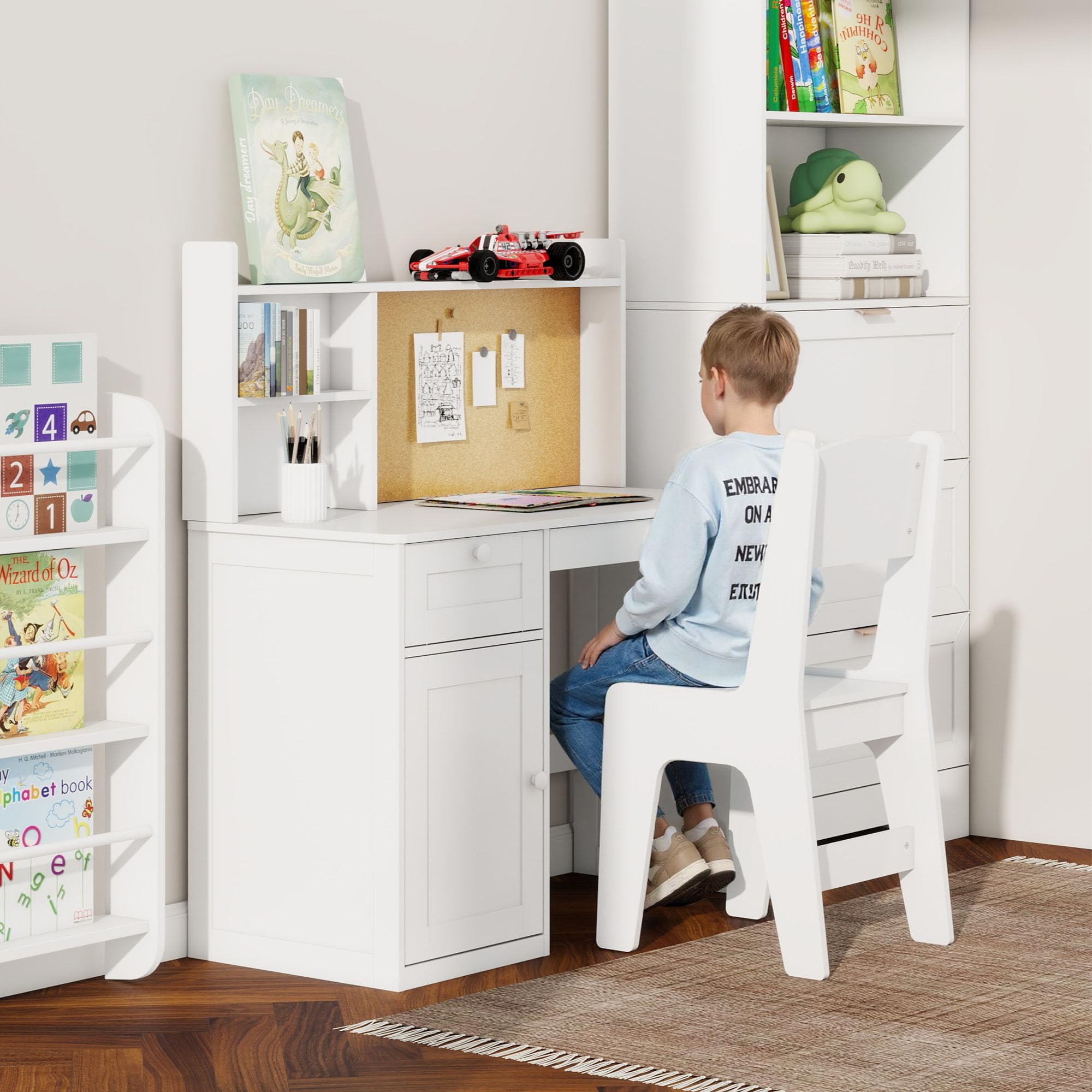 Escritorio de estudio para niños con silla, juego de sillas de escritorio para niños de 5 a 12 años, mesa de estudio de madera para niños con gabinete y gabinete de almacenamiento, mesa de escritura 7