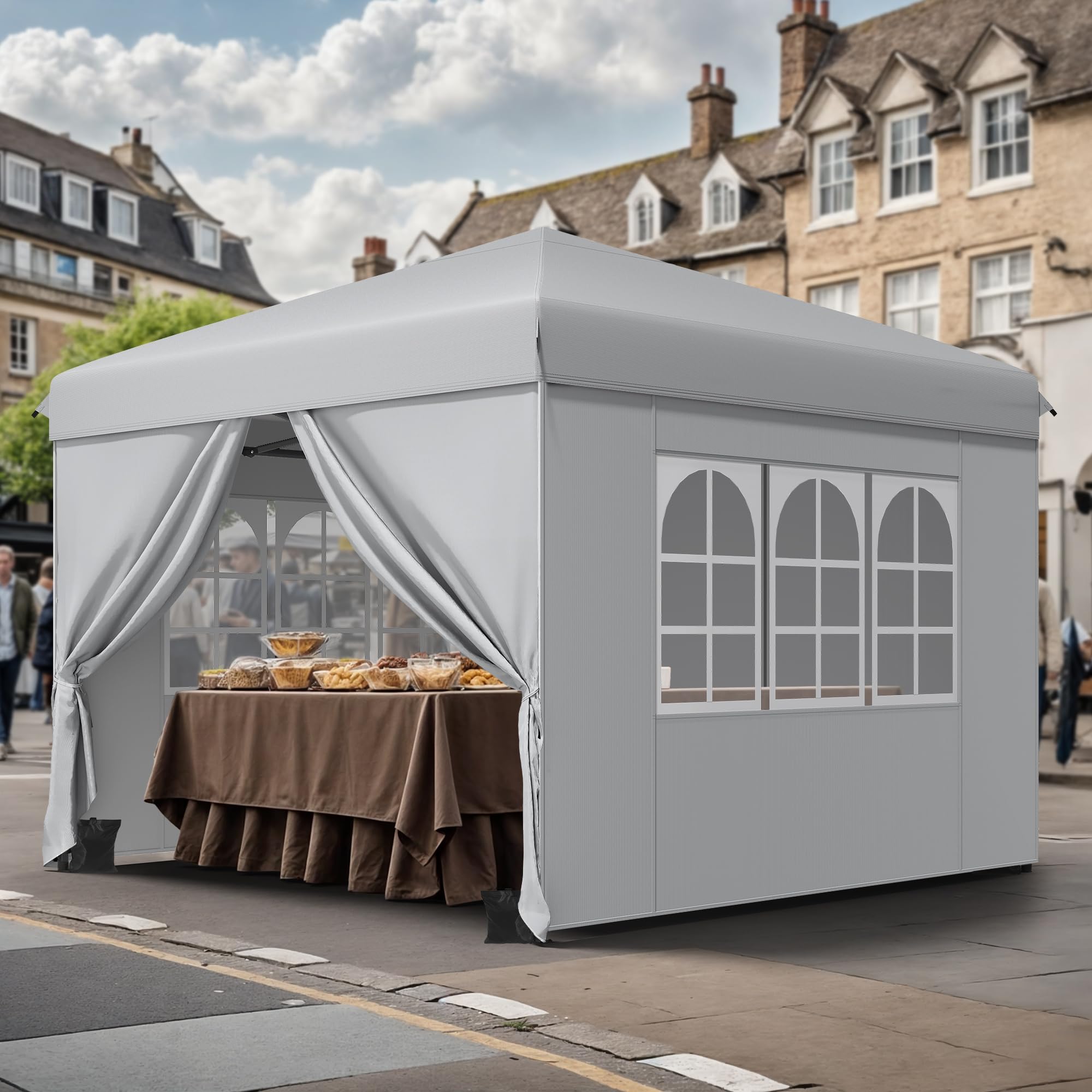 YITAHOME 3 x 3 m Outdoor Pop Up Gazebo with Side Folding Gazebo, Waterproof Foldable Garden Gazebo for All Seasons, Camping Gazebo, Anti-UV with Free Height Adjustable Party Markets