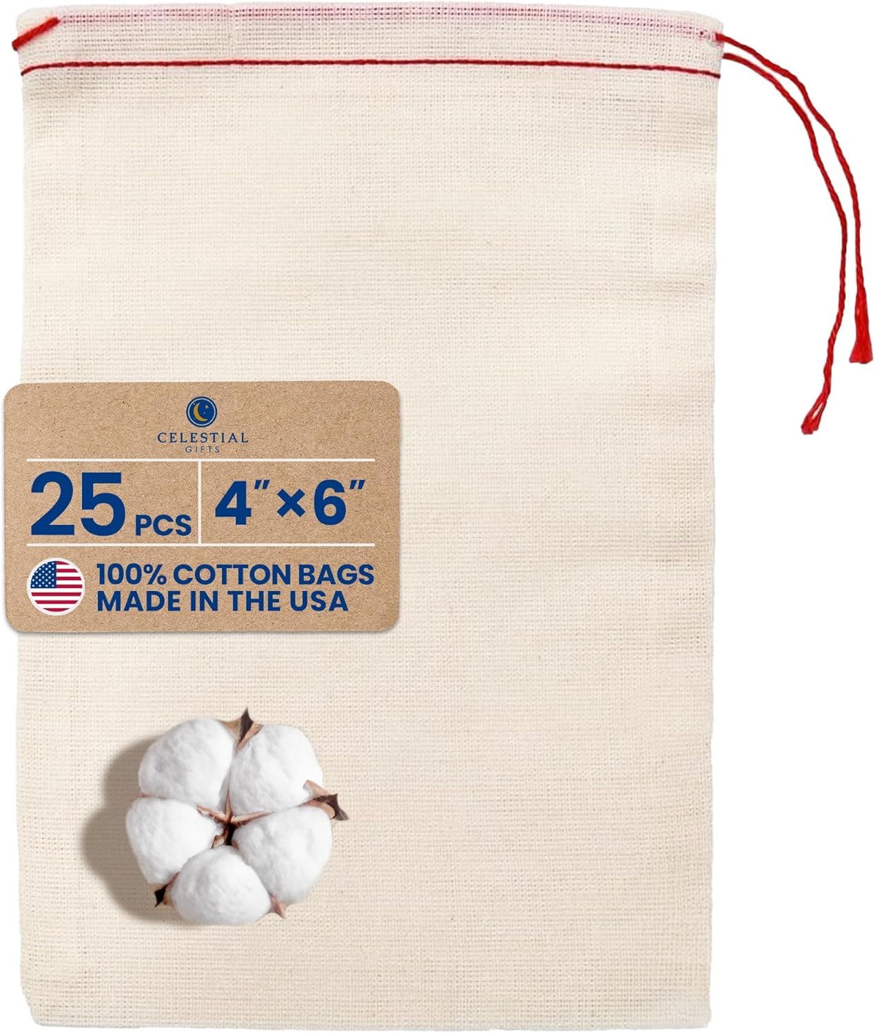 Celestial Gifts Muslin Bags - 100% Cotton Drawstring Bags Medium 25pcs, 4x6, Reusable Tea,Coffee, Jewelry, Gift, Spice Pouch and Sachet Bag - Made in USA - (Red Drawstring)