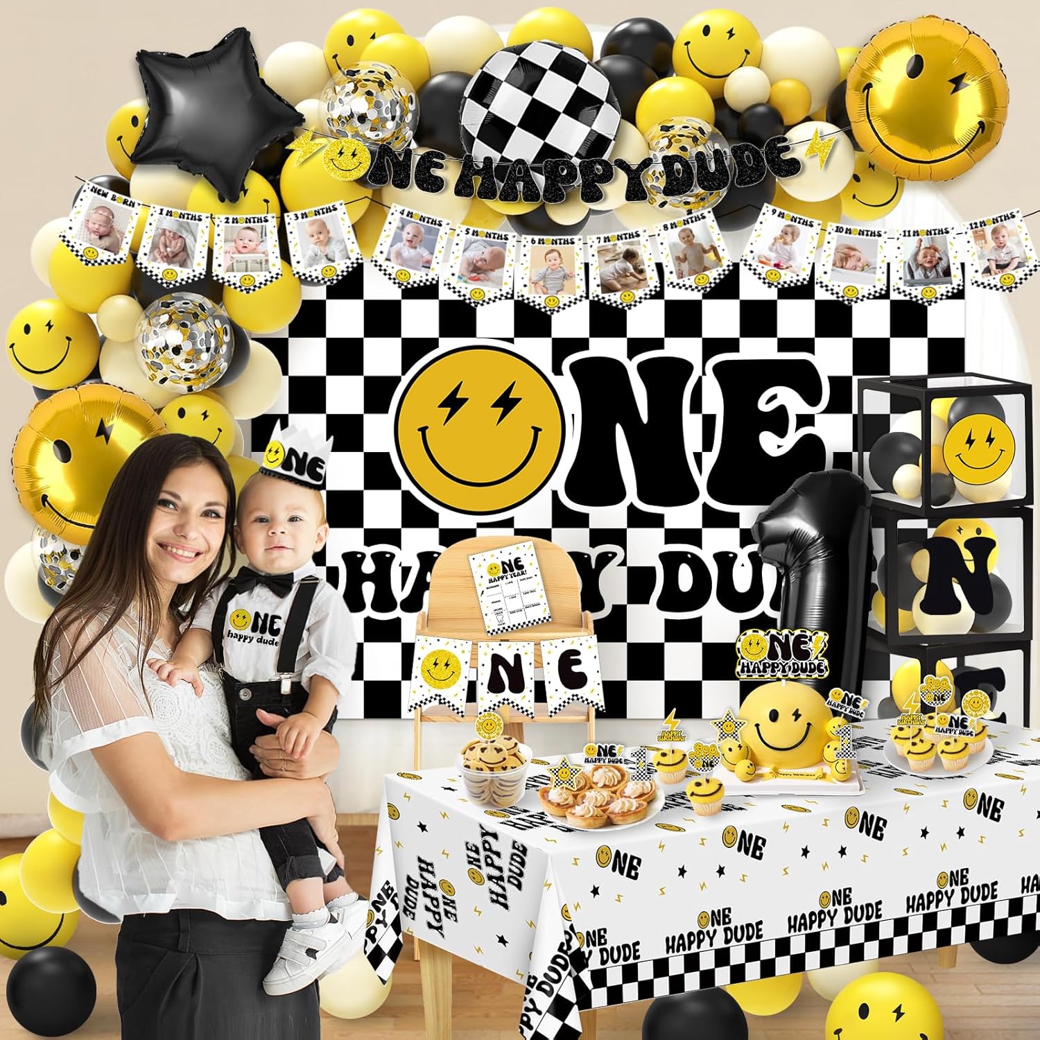 One Happy Dude 1st Birthday Decorations - Lightning Bolt One Happy Dude First Birthday Backdrop Balloons Arch Box High Chair Banner Birthday Party Idea for Baby Boys|Girls