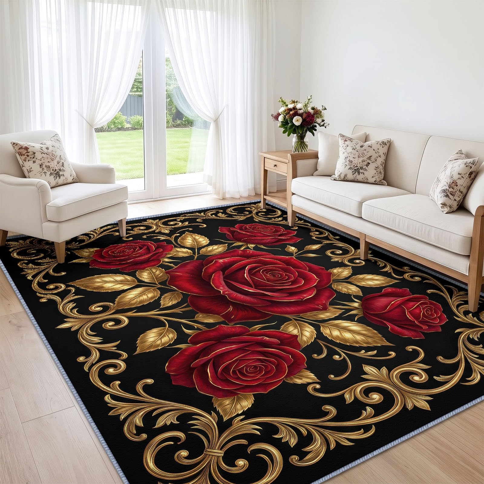 Dywan barokowy różowy 120 x 170 cm, dywan nadający się do prania w pralce z antypoślizgowym spodem, Romantyczny gotycki dywan rugs, dywan dekoracyjny do sypialni, kuchni, przedpokoju i domu