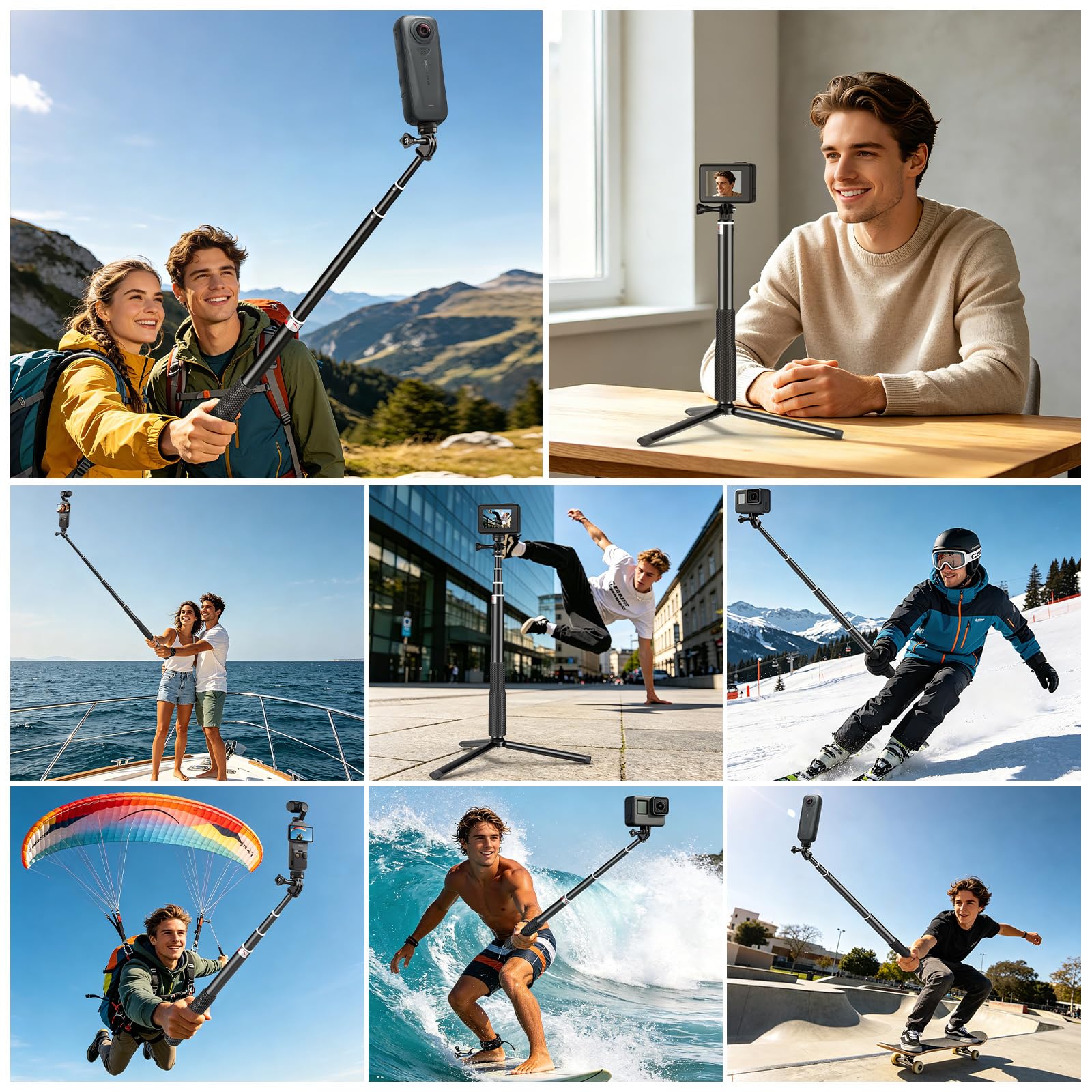 Wiseten Perche à Selfie 94cm avec Trépied pour GoPro Insta 360 X5 X4 X3 | Monopode Télescopique pour DJI Osmo Pocket 4 3 GoPro Hero 13/12/11/10/9/8/Max Caméras d'Action