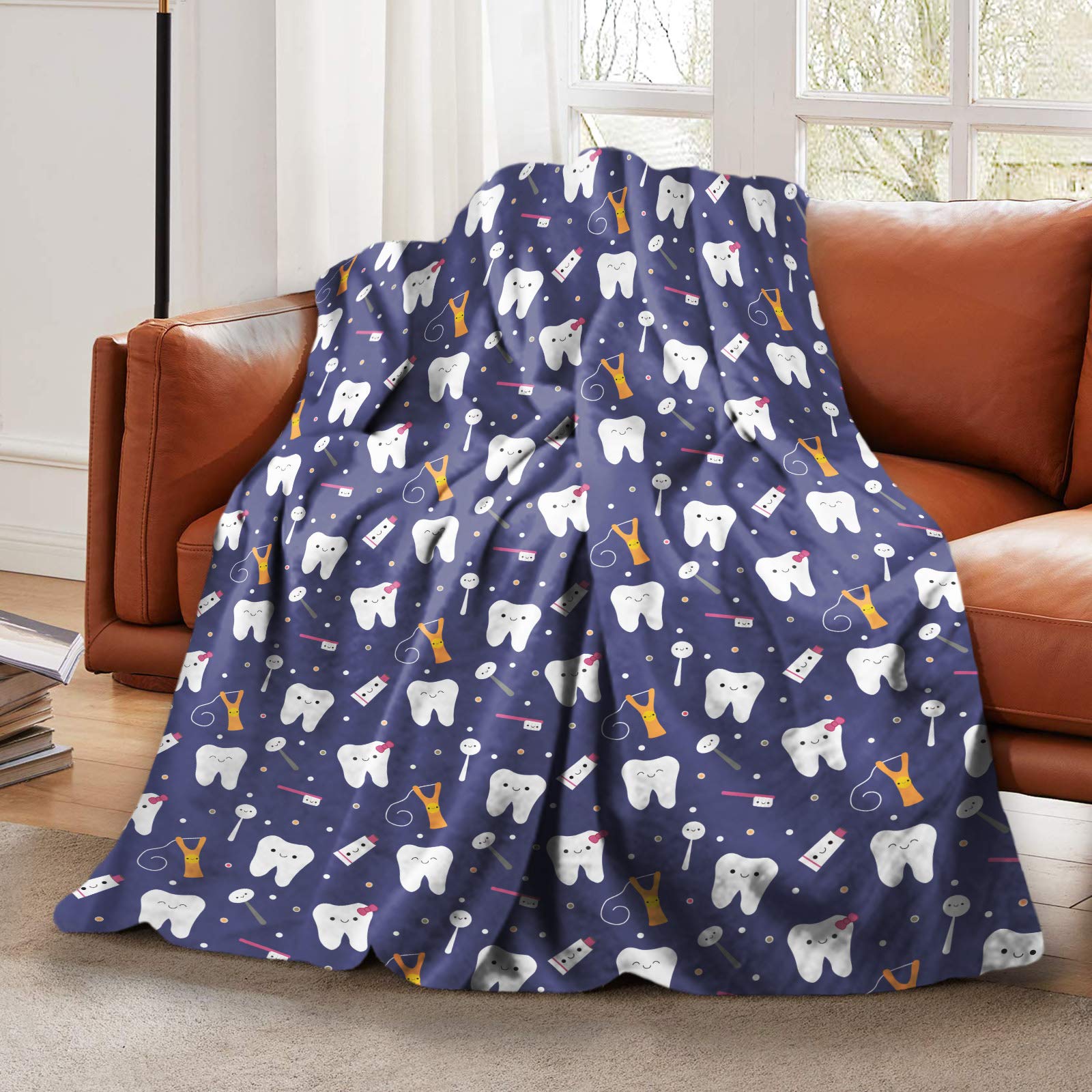 LELEMATEBlue Happy Teeth Dentist Throw Blanket Super Soft Flannel Blanket Decorative Sofa Blanket for Kids Adults Warm Cozy 60"X50" Couch Blankets for Living Room Home Travel Camping Beach