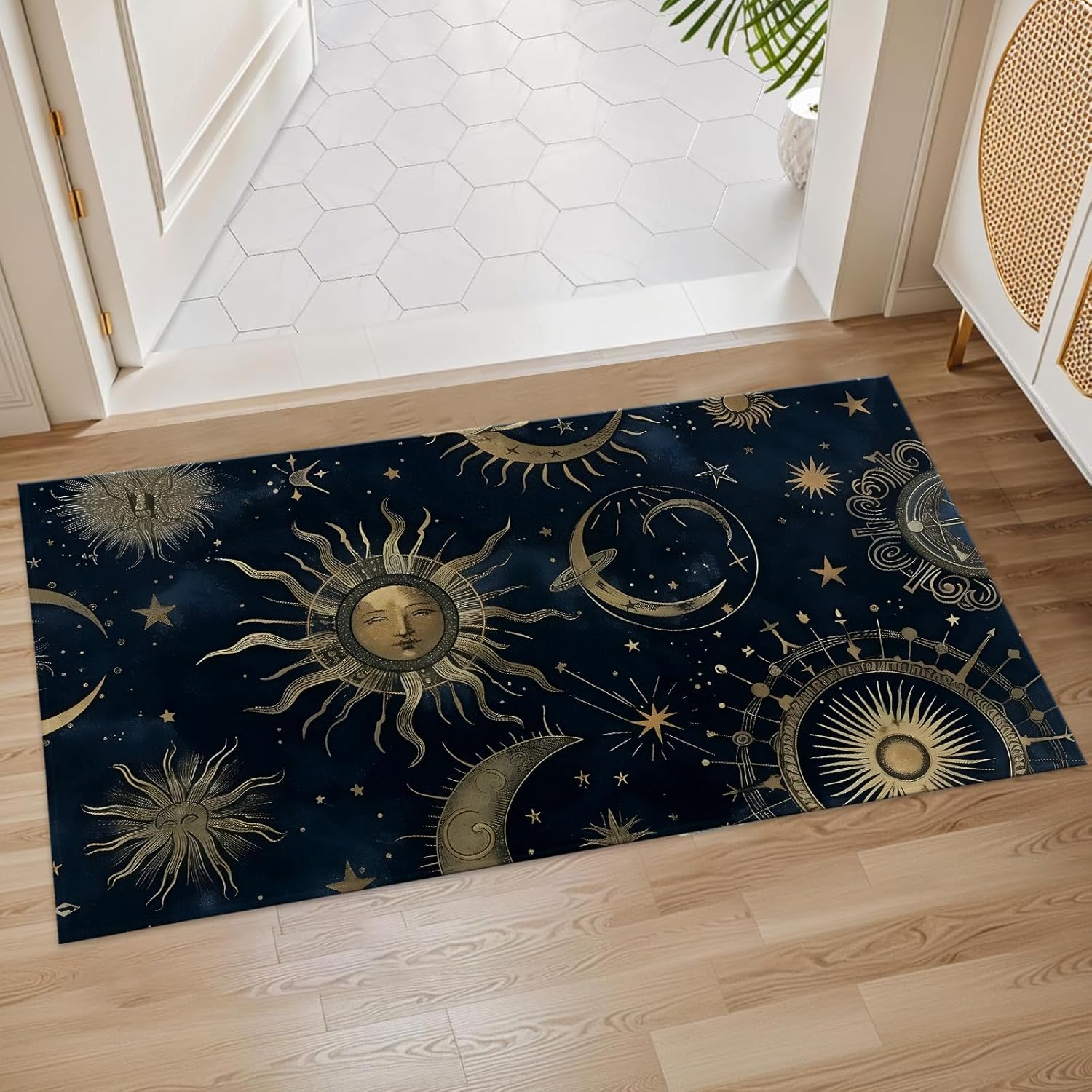 Celestial Sun and Moon Indoor Door Mat, 17x29.5 Inch, Floor Area Rug for Entryway, Living Room, or Bathroom, Non-Slip Doormat, Night Sky Design Home Decor Rug Gifts