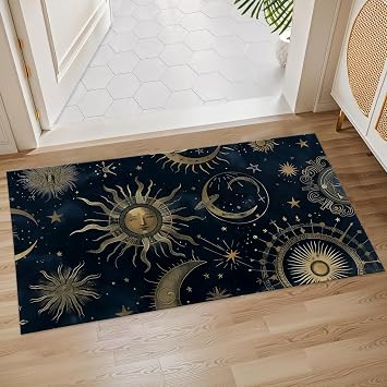 Celestial Sun and Moon Indoor Door Mat, 17x29.5 Inch, Floor Area Rug for Entryway, Living Room, or Bathroom, Non-Slip Doormat, Night Sky Design Home Decor Rug Gifts