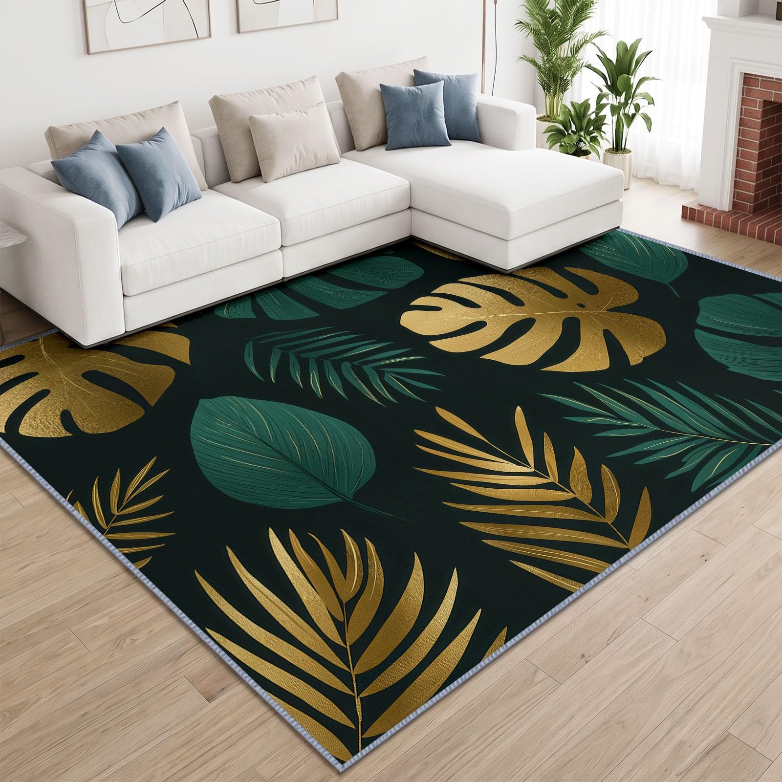 Générique Feuille De Palmier Tapis de Salon Lavable 140x200 cm， Tropical Noir Et Or - Antidérapant et Lavable en Machine - Poils Courts - Douce - pour Salon, Chambre ou Bureau