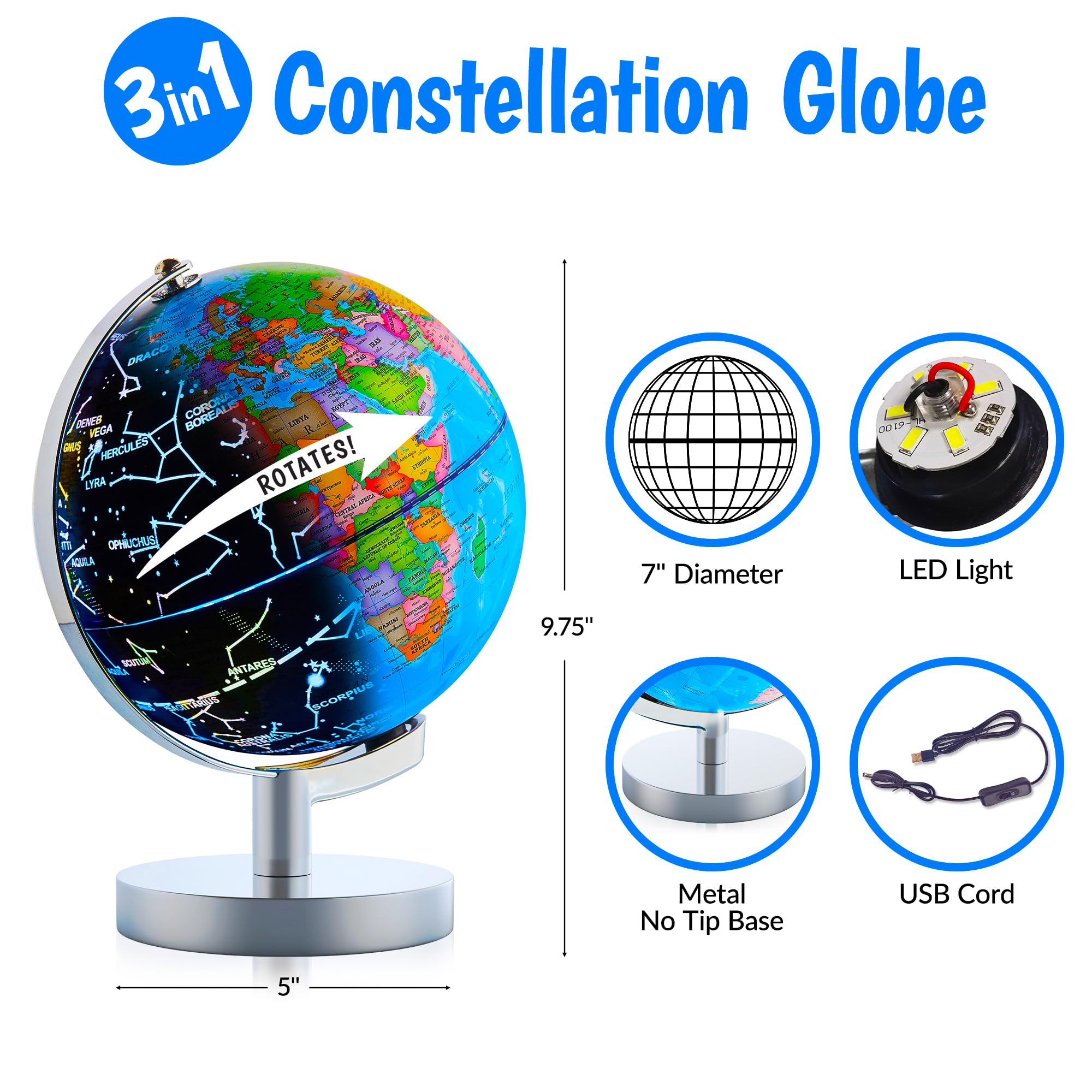 USA Toyz Illuminated Globe for Kids Learning- 3-in-1 STEM Globes of the World with Stand Constellation Map Built-in LED Night Light Desk Globe Lamp Non-Tip Metal Base 9.75 Tall 7 Inch Diamete product thumbnail 7
