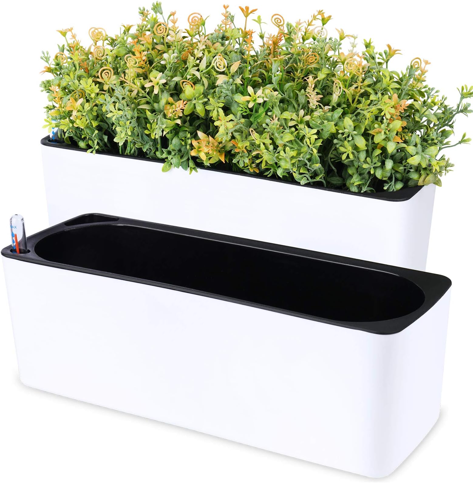 NiHome 2-Pack Self Watering Planters Rectangular 2-Layer Window Herb Planter Box for Indoor Plants Garden Balcony, Window Sill Planters with Water Gauge Indicator