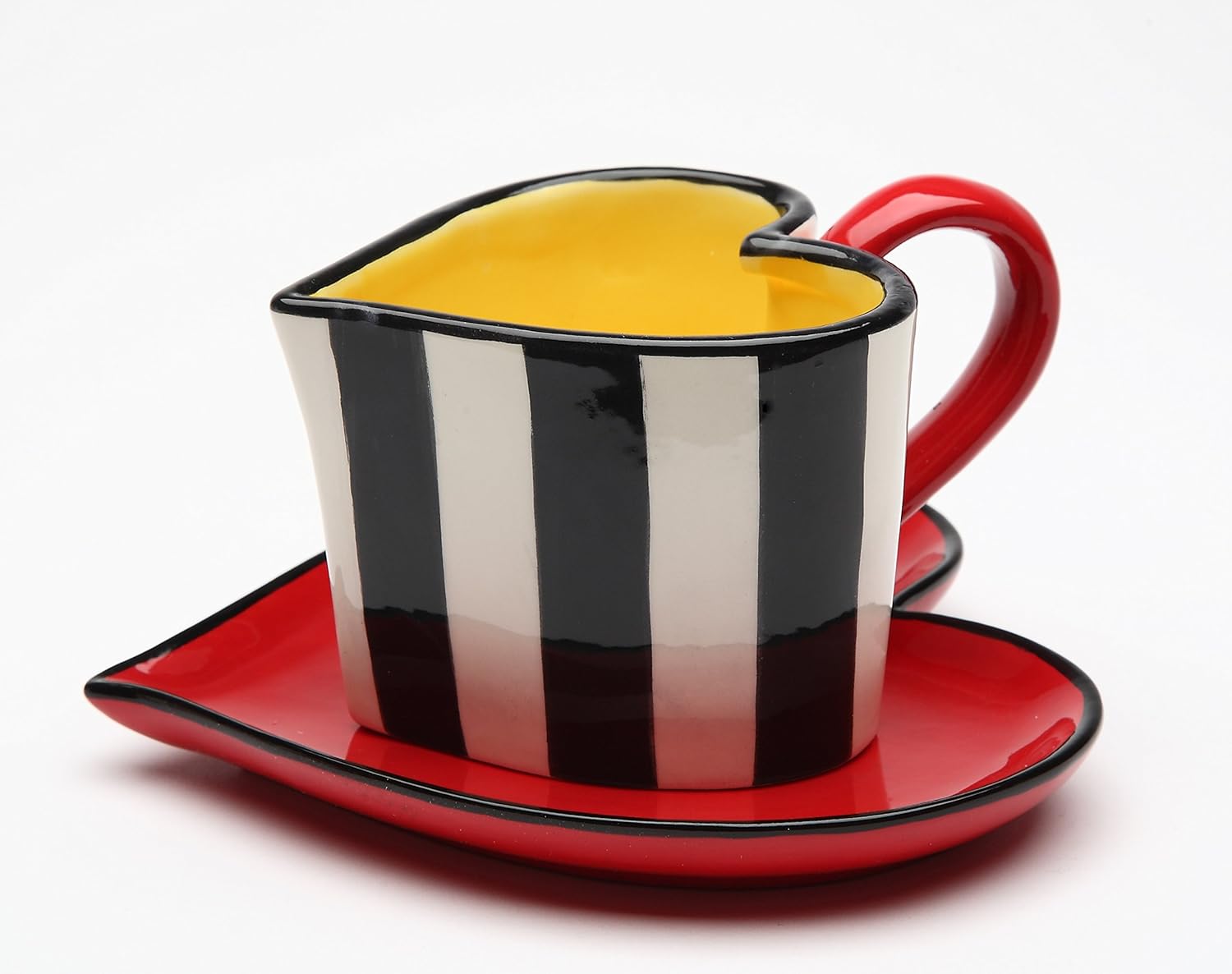 Cosmos Gifts 62369 Fine Ceramic Black and White Striped Heart Shape Cup and Saucer, 5-1/4"