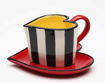 Cosmos Gifts 62369 Fine Ceramic Black and White Striped Heart Shape Cup and Saucer, 5-1/4