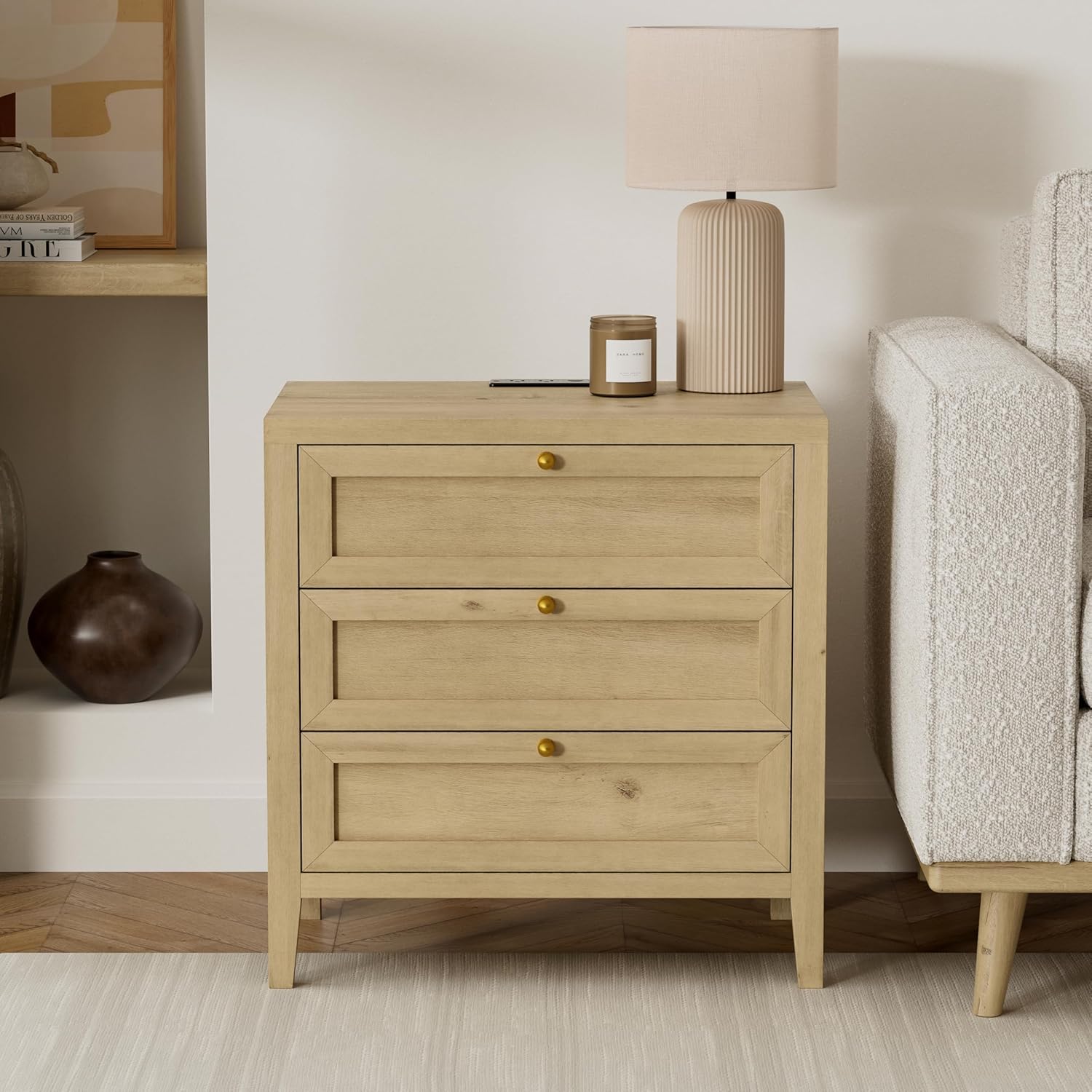 Farmhouse Nightstand with 3 Drawers Larger Night Stand with Charging Station Tall Bed Side Table Wide Nightstands End Table for Sofa, Bedroom, Living Room, Light Oak