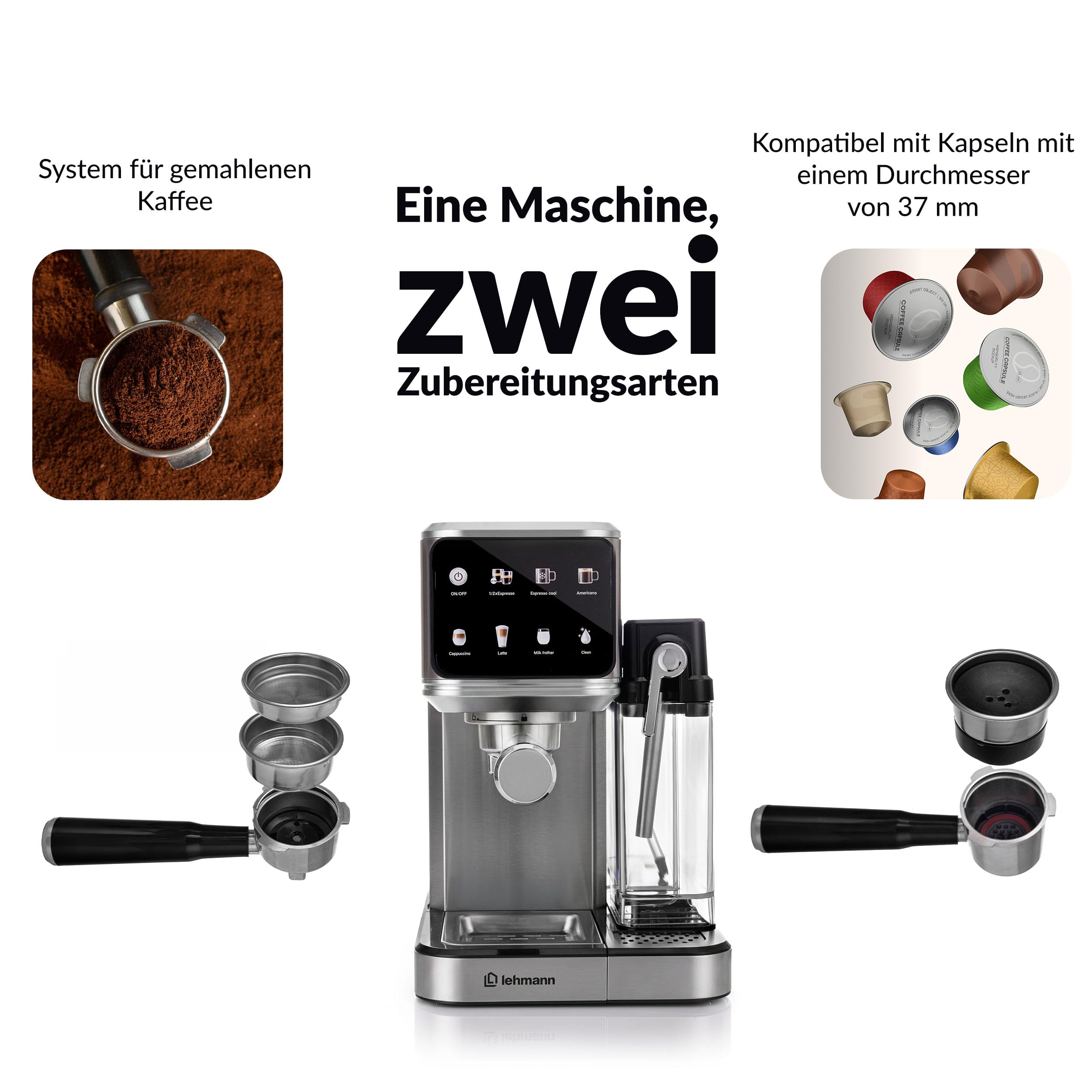 LEHMANN Siebträgermaschine 20 Bar, 7-in-1 Espressomaschine mit Milchtank