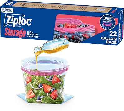 Ziploc Gallon Food Storage Bags, Stand-Up Bottom, Easy to Fill, 22 Count