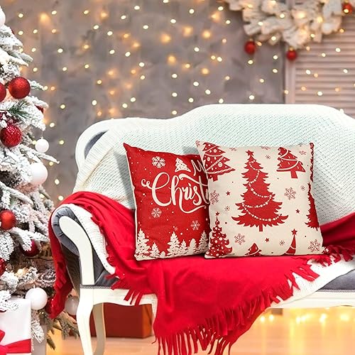 Miniatura 7 de ButyHome Juego de 4 fundas de almohada navideñas de 18 x 18 pulgadas, fundas de almohada de lino a cuadros negros y rojos, fundas de almohada para