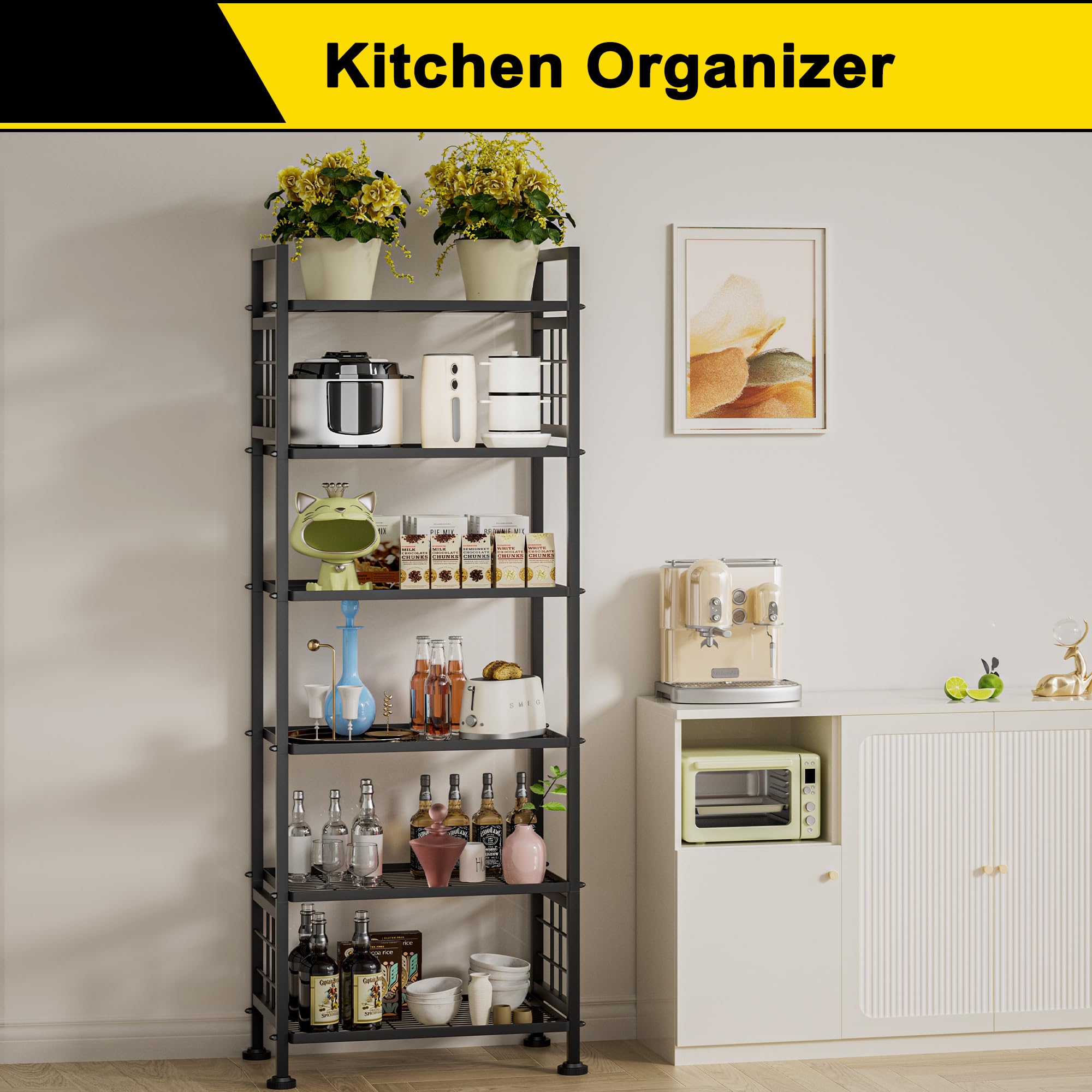 GIOTORENT 6-Draht-Garagenregal, Aufbewahrungsregale, Metallregal, Speisekammerregal, Küchenaufbewahrung, verstellbares Regal, 408 kg Kapazität, für Wäsche, Küche, Badezimmer, Organizer (schwarz)
