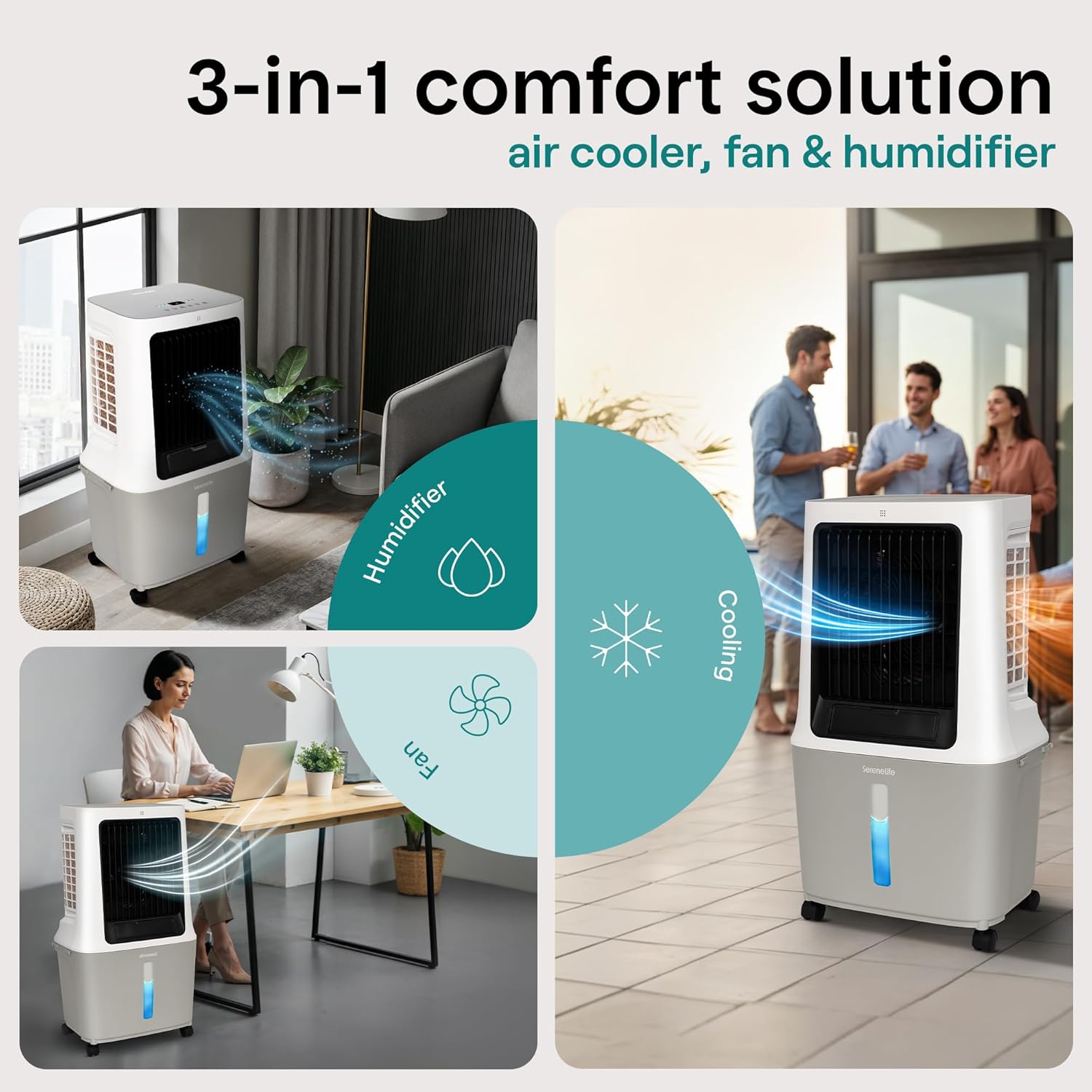 Collage showing the SereneLife evaporative air cooler functioning as an air cooler, fan, and humidifier in different settings.