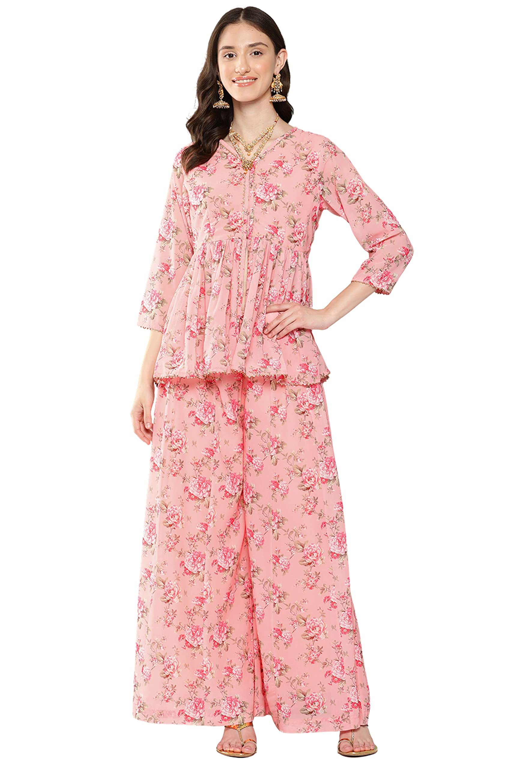 JanasyaWomen's Peach Georgette Digital Floral Printed Co-ords Set