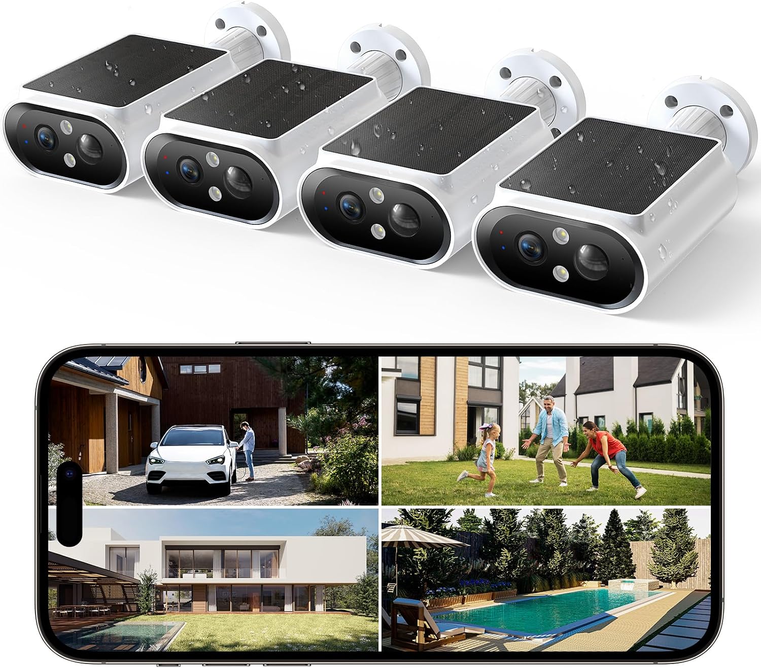 AlkiVision Solar Security Cameras Wireless Outdoor - 2K Night Color Vision for Outdoor Security, 360° View, AI Motion Detection, Spotlight, 2-Way Audio, Siren, IP67 Waterproof, SD/Cloud Storage, 4Pcs