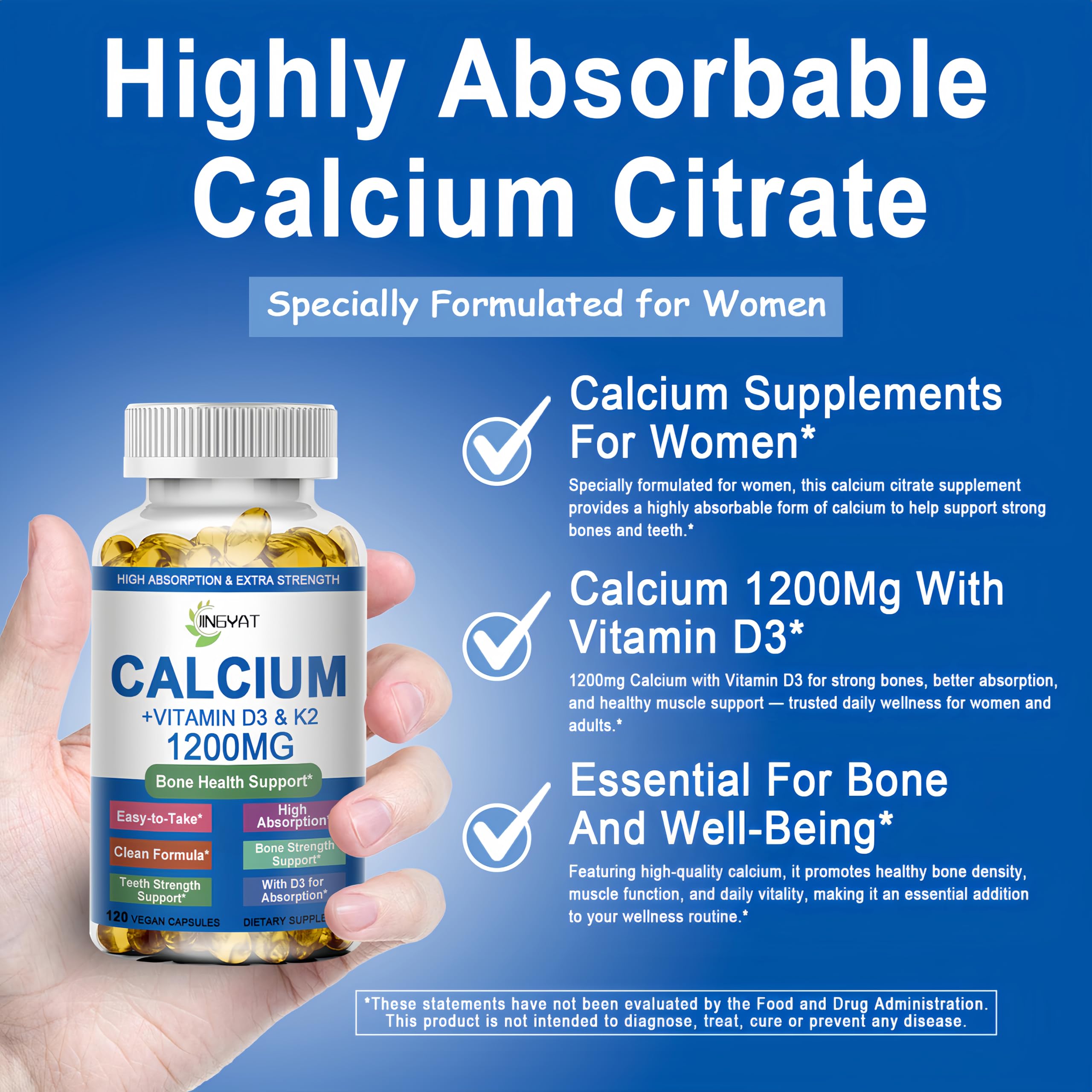 Calcium Supplements for Women - Calcium 1200 mg with Vitamin D3 & K2 - High Absorption Extra Strength Calcium Citrate for Bone Health, Strength, Density, Muscle, Heart Support - Slow Release, Non-GMO — Amazon image 3