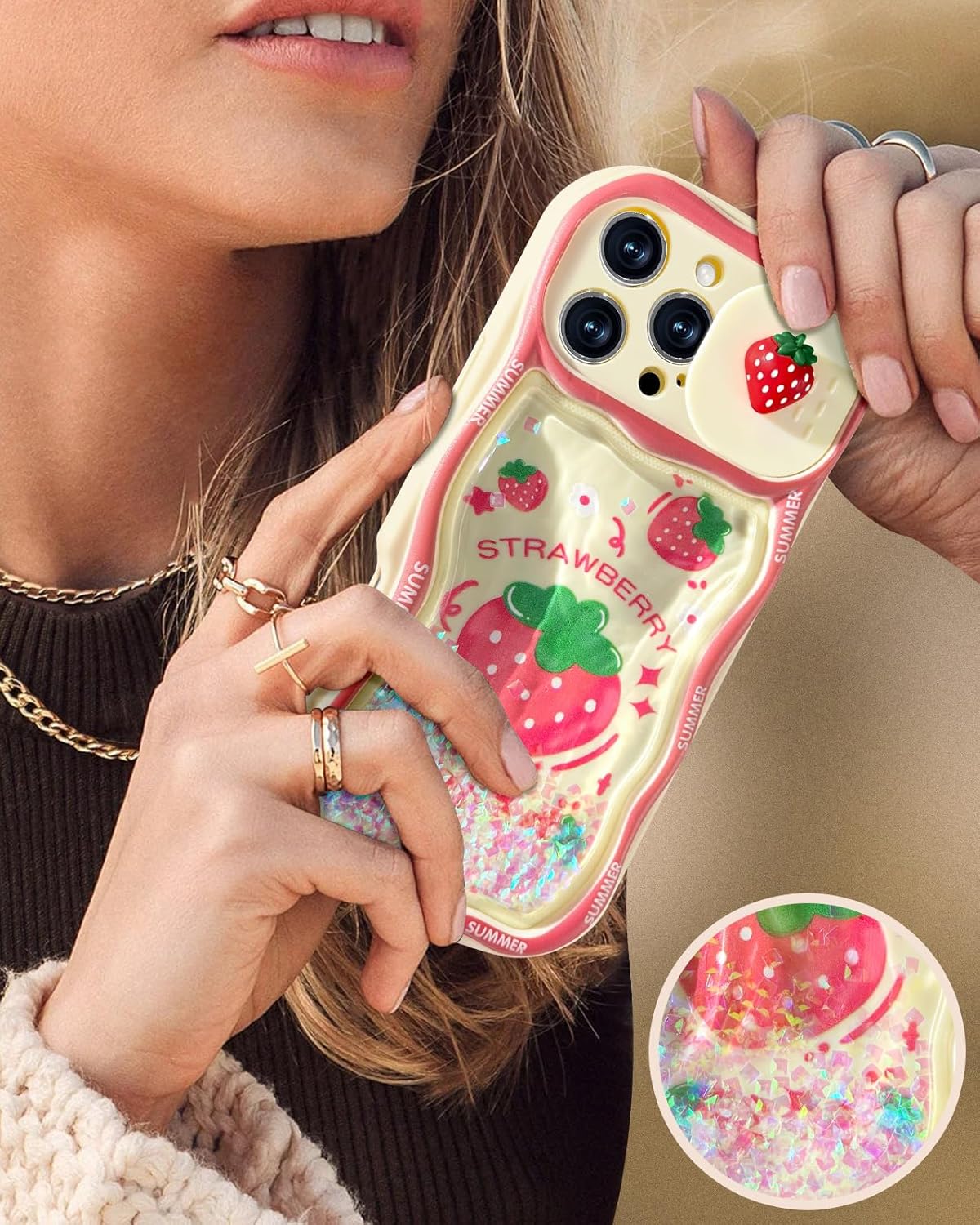 Toycamp for iPhone 16 Pro Max Case - Women Girls Cute Phone Cover Strawberry with Sliding Camera Cover Girly Glitter Pretty Kawaii Design Flowing Liquid Quicksand Case for iPhone 16 Pro Max 6.9 " - Image 3