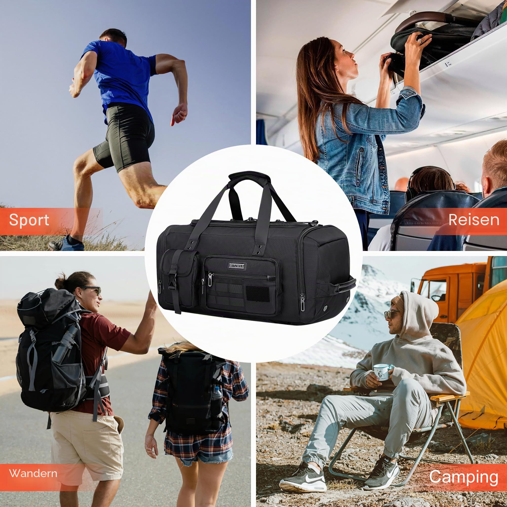 WITZMAN Reisetasche Herren 45L Sporttasche groß mit Schuhfach Duffle Bag 3 in 1 Travel Gym Trainingstasche Herren Damen（B693 Schwarz
