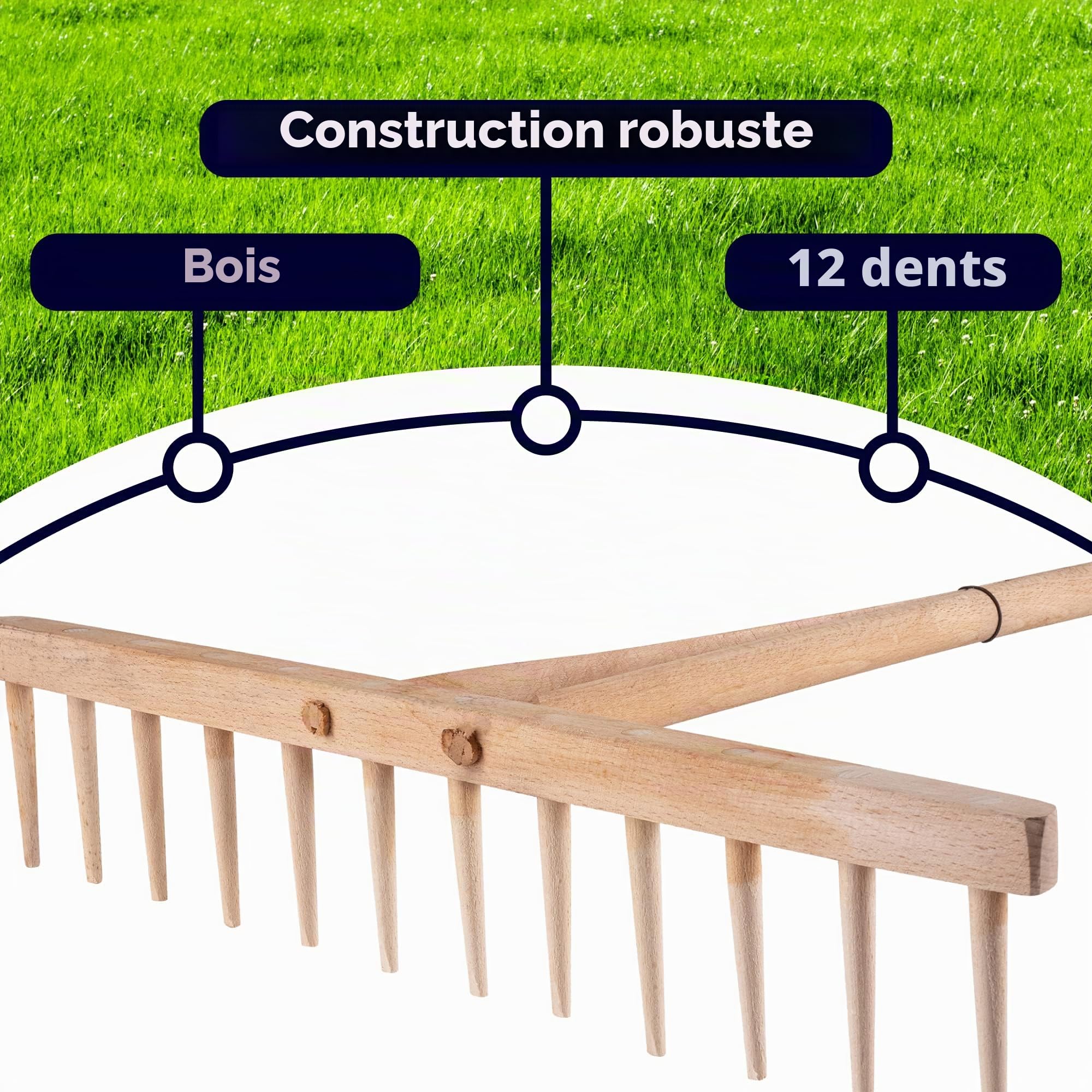 KADAX Râteau à Foin avec Manche en Bois Long pour Une Récolte Efficace et Confortable, Râteau à Feuilles de Jardin, Outil de Jardinage (Bois)