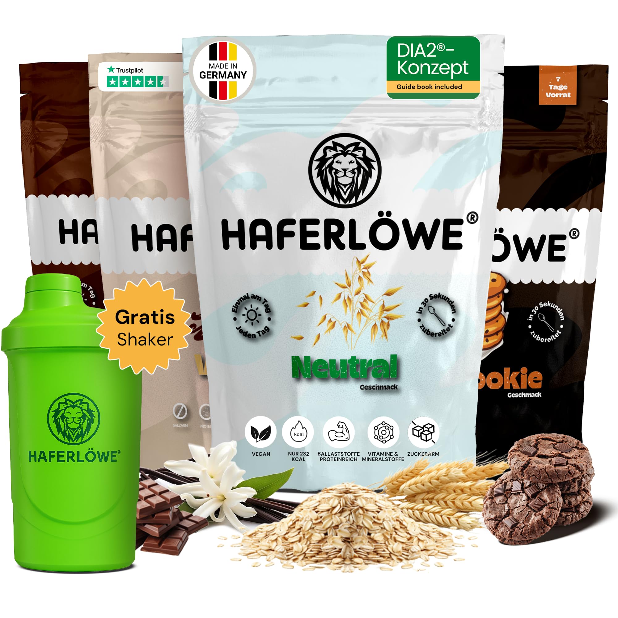 Haferlöwe Haferkur 28 Tage Starter Set, Hafertage in 4 Geschmacksrichtungen | Inkl. Gratis Shaker und Leitfaden | Protein Shake | Leckerer Diät Hafershake | DIA2® Ernährung