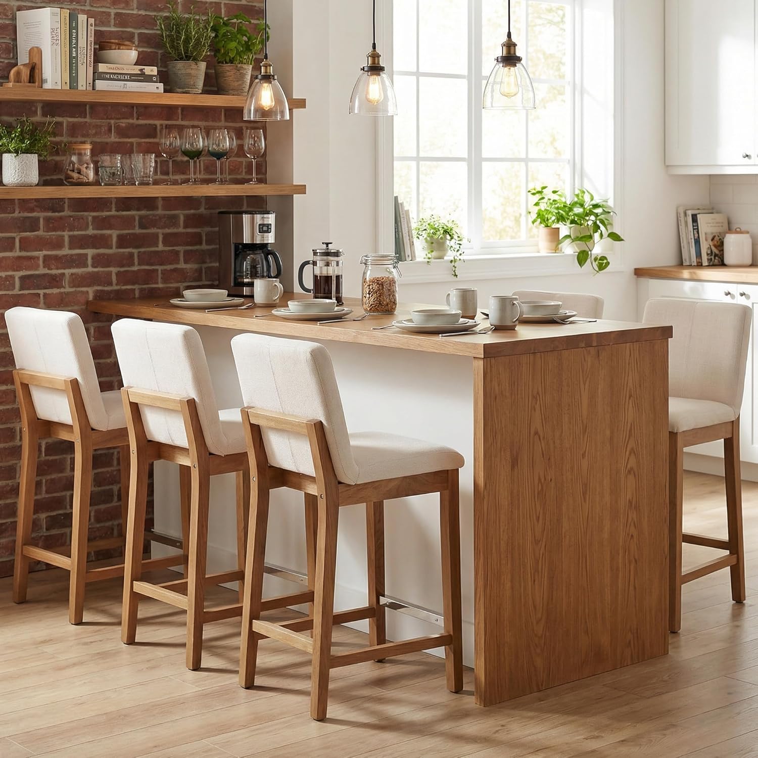 Counter Height Bar Stools Set of 4 Linen Fabric Upholstered Kitchen Island Stools with Back 26 Inch Mid Century Rectangle Wood Barstool for Dining Room/Home Bar/Patio, Beige