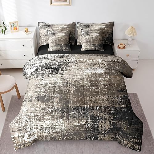Brown Beige Oil Painting Full Bed in a Bag 7pcs Ombre Aesthetic Bedding Comforte