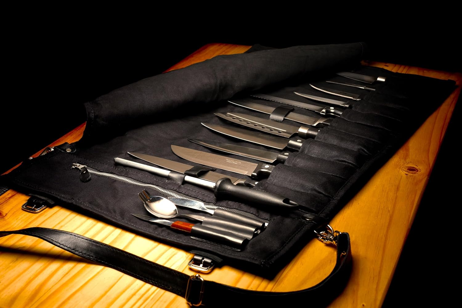 EVERPRIDE Waxed Canvas and Genuine Leather Trim Chef Knife Roll Bag Holds 12 Knives and Cooking Tools – Durable, Large Knife Case – Elegant Chef Bag for Professional Cooks and Students