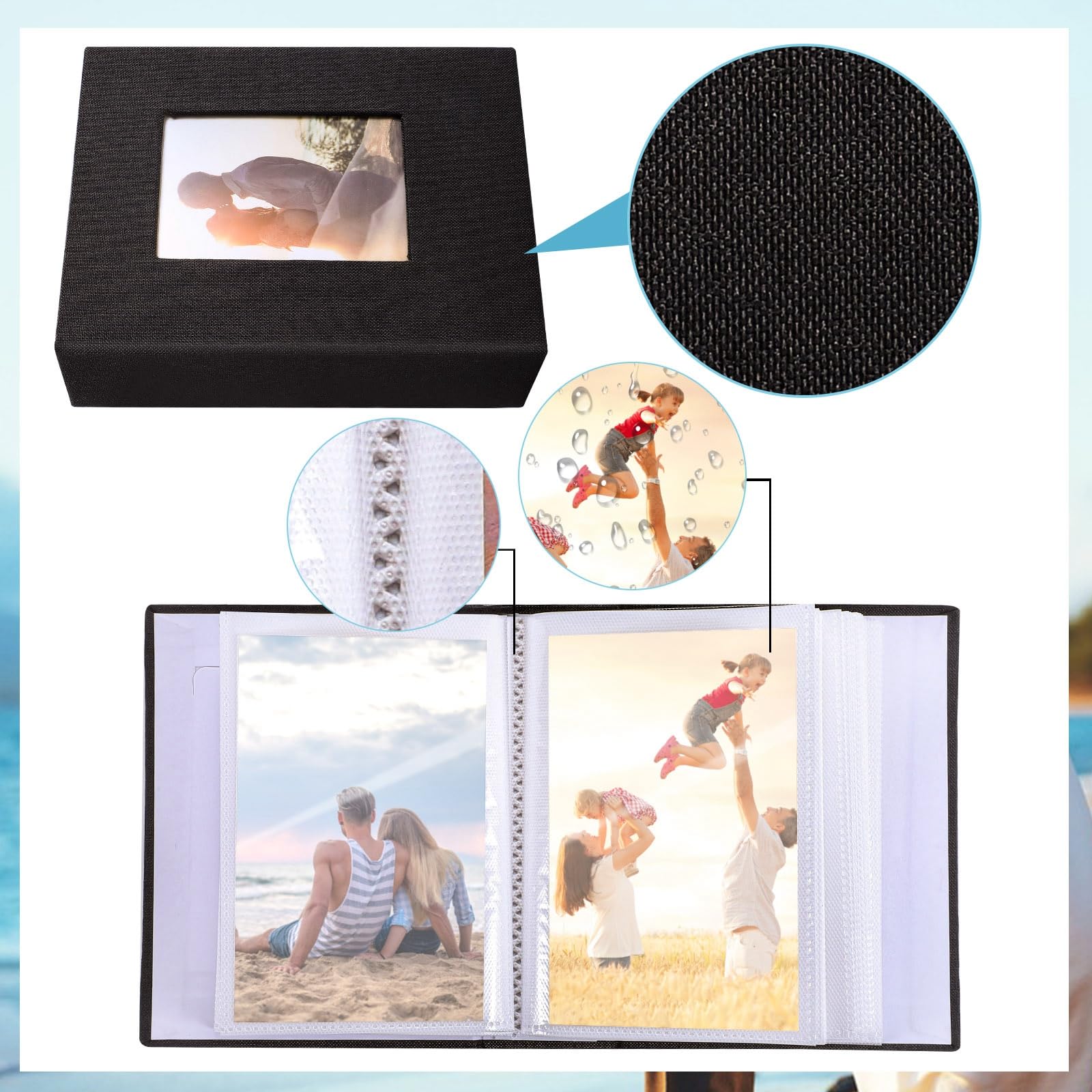 Photo Albums,Black 6x4 Photo Book 100 Photos Pockets Cloth Cover photos Album Slip In Albums 4x6 Photo Slot with Love sticker for Artwork or Postcards Storage - Image 3