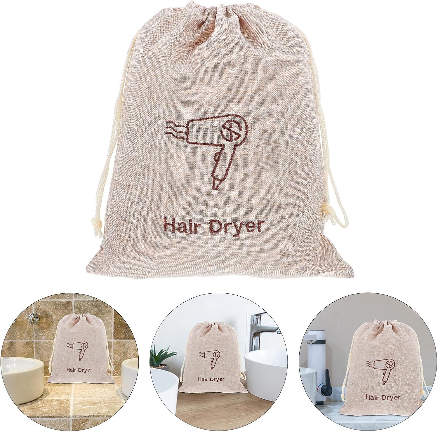 SECFOU Hair Dryer Dustproof Storage Bag with Drawstring Closure Faux Linen | Khaki, Universal Fit for Hotel and Guesthouse Use, Portable Travel Pouch for Organized Placement