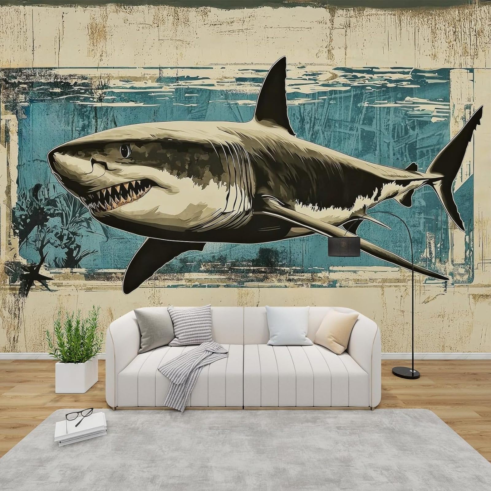 Fototapeta z motywem rekina, do pokoju dziecięcego, 3D, morskie stworzenia 3D, niebiesko-beżowa tapeta do salonu, dekoracja ścienna do pokoju dziecięcego, 300 cm x 210 cm