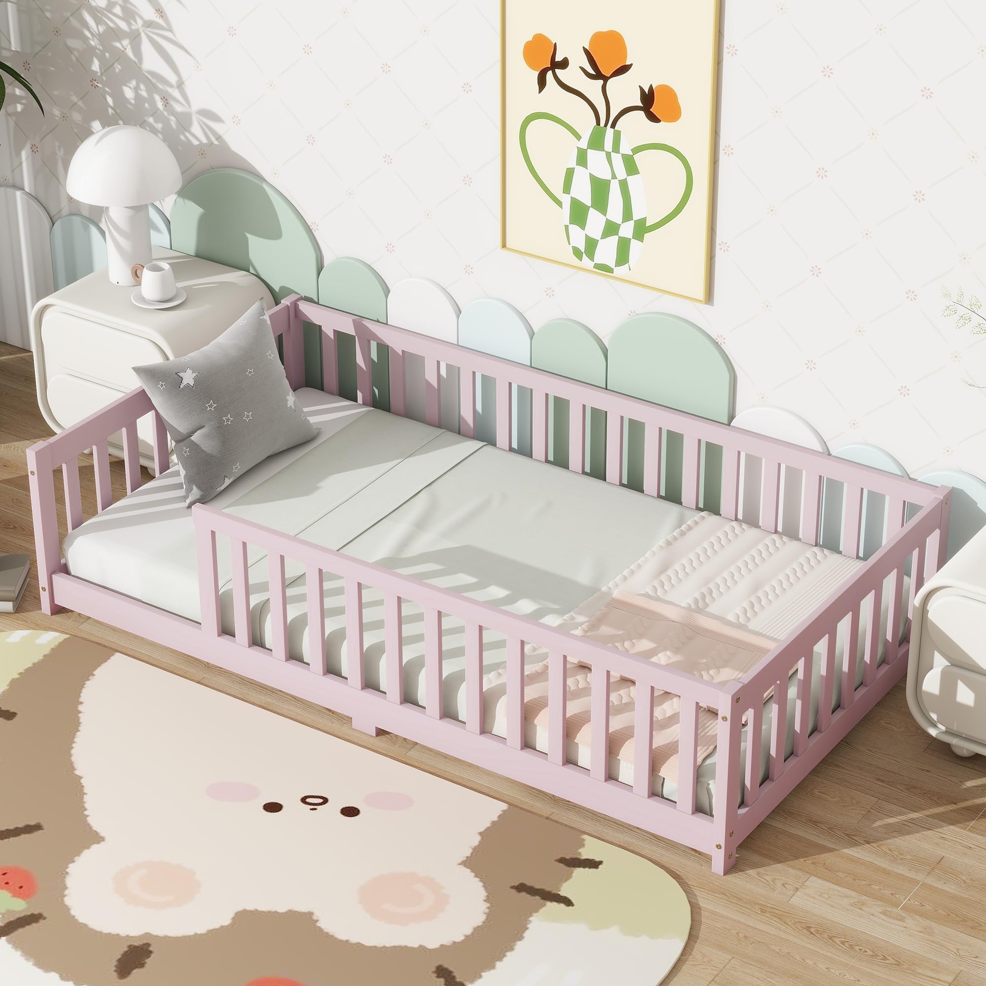 Bellemave Twin Size Floor Bed with slats for Kids, Girls, Boys, Wood Montessori Floor Bed with Guard Rails, Without Door, Pink