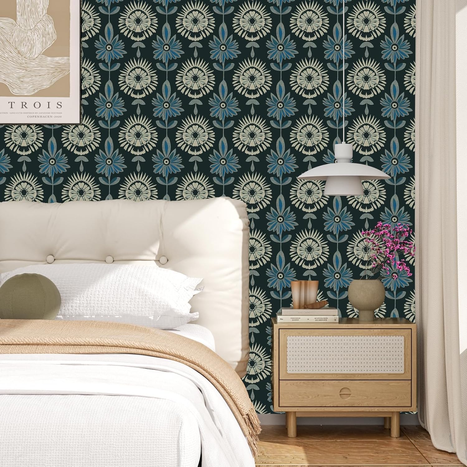 BOKEBEVE Extra Long Green Leaves Wallpaper Stick and Peel Boho Floral Contact Paper Vintage Wallpapers Symmetrical Style Modern Renter Friendly for Accent Wall Cabinet Removable 17.5 x 393.5In