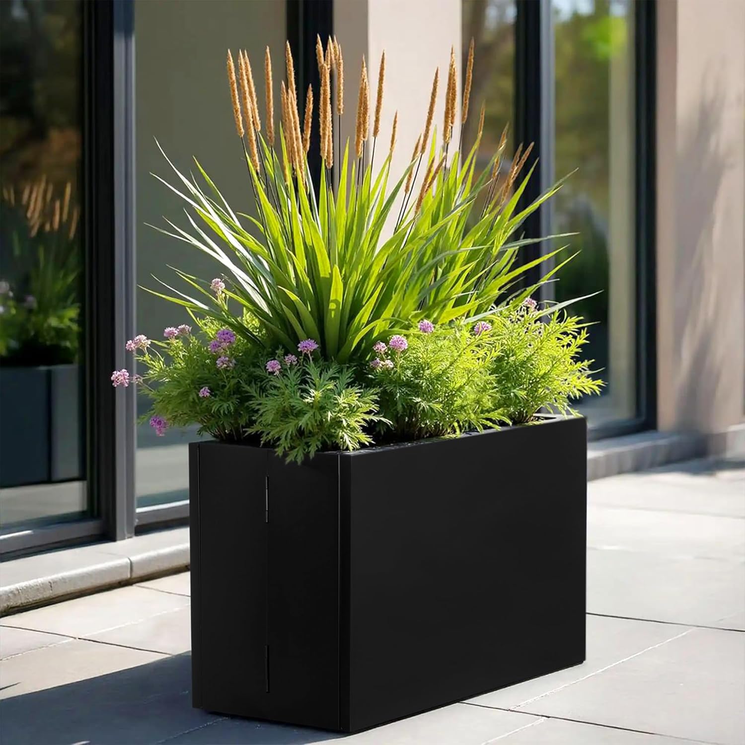 Galvanized Steel Rectangular Planter, 16"x 12"x 12" Small Planters for Outdoor Plants, Black Outdoor Planter with Drainage Holes