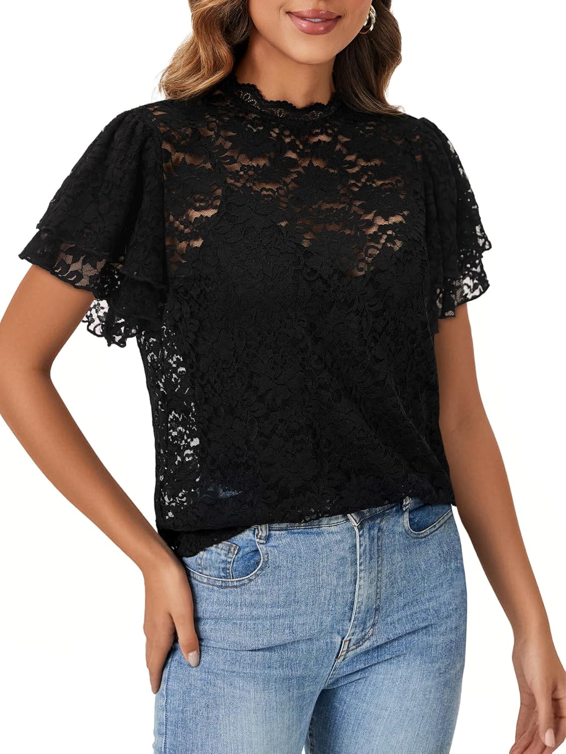Rooscier Women's Lace Sheer Scallop Mock Neck Flounce Sleeve Back Keyhole Blouse Top Shirt Without Cami - Image 4