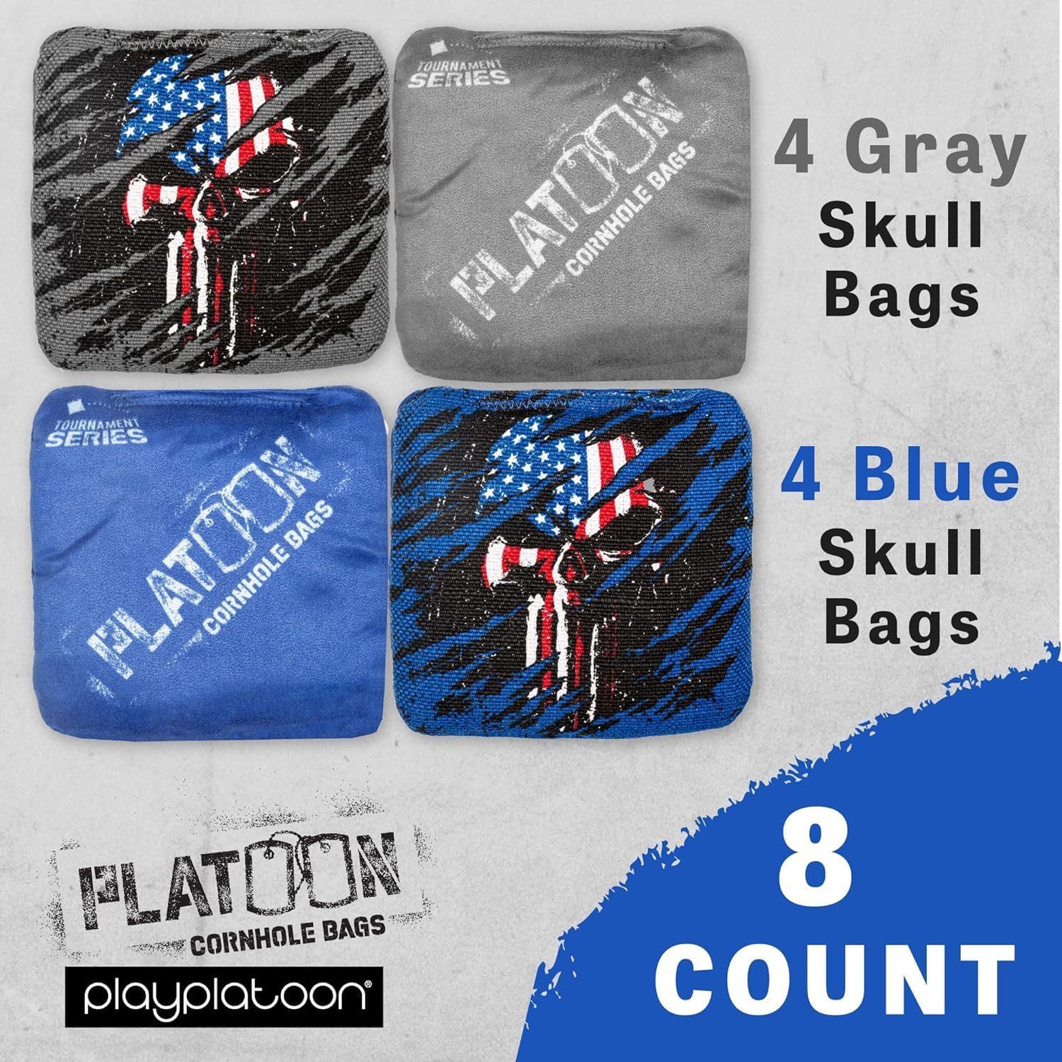 Play Platoon Set of 8 Skull Blue Gray Tournament Cornhole Bags & All Weather Cornhole Boards