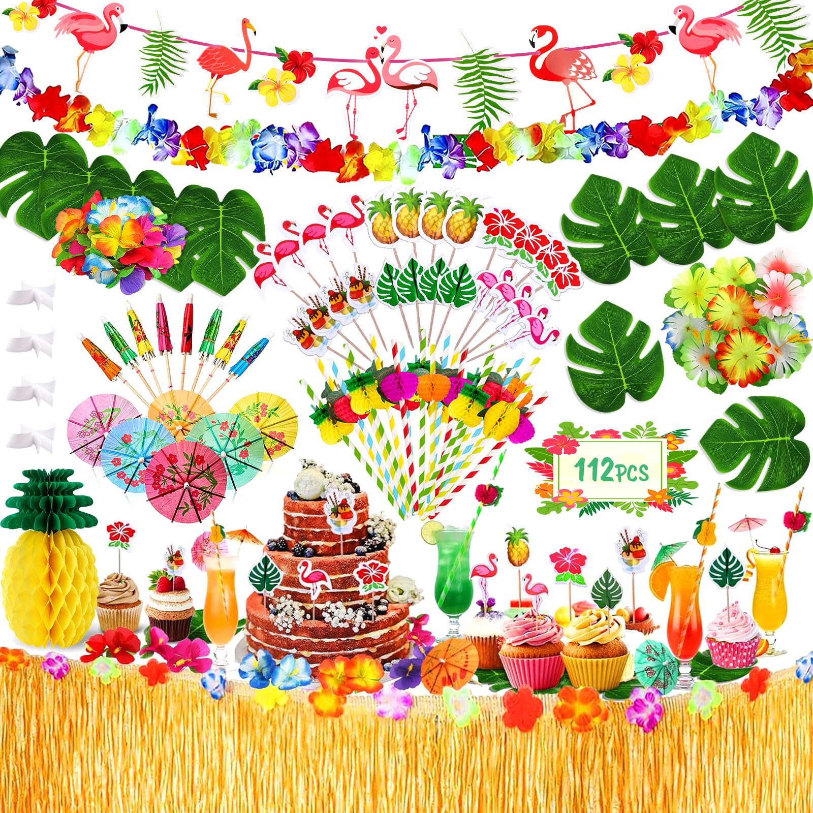 112 Pezzi Gonna Tavolo Hawaiana Tovaglia da Tavolo Set, Decorazioni Festa Hawaiana, Stendardo, Fiori, Foglie di Palma Artificiali, Forchette per Torta e Cannucce per Feste a Tema Hawaiano