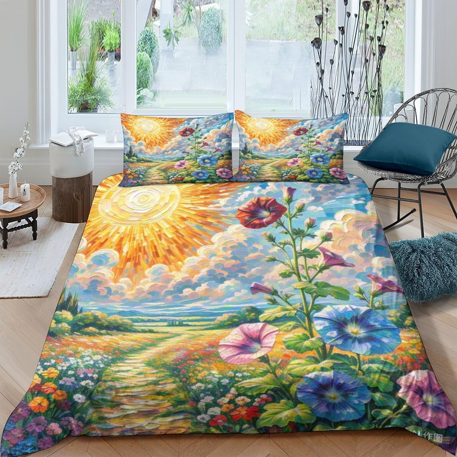 Housse de couette Pétunie 3D 220x240cm en microfibre douce pour lit king avec taies d'oreiller
