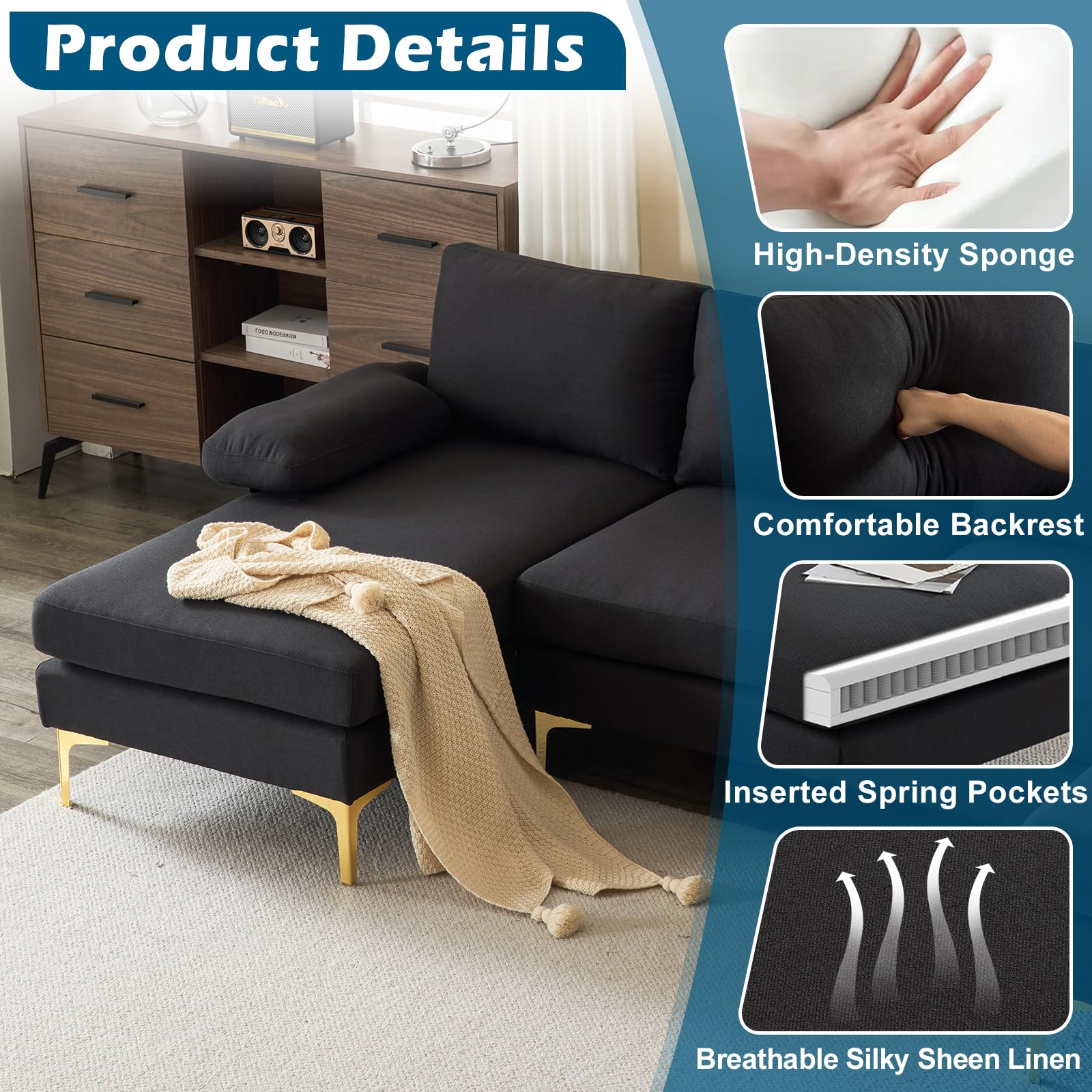 VINGLI 110' Modern Sectional Couch with 51' D Double Chaise, Black Deep Seat U S — product photo