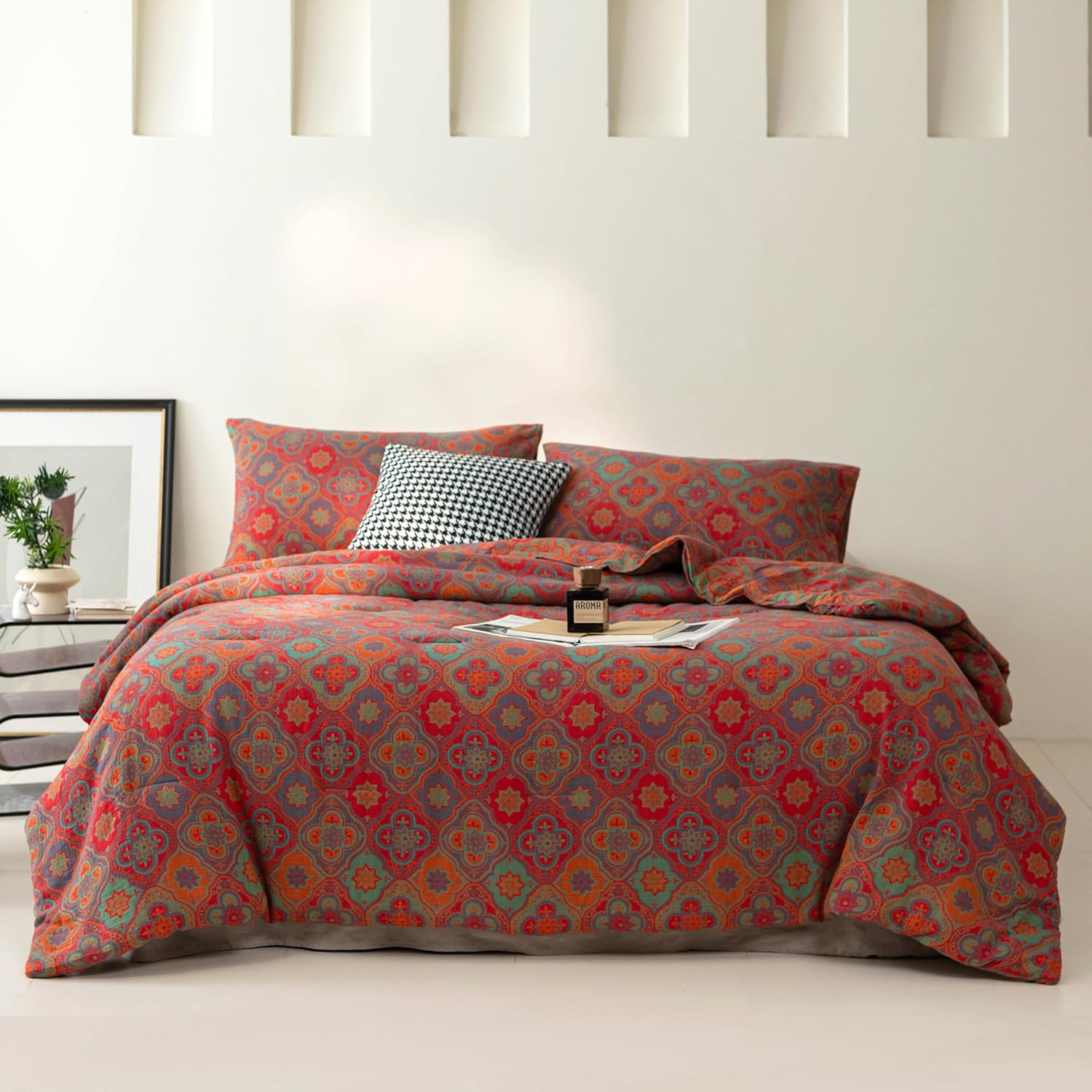 100% Cotton Muslin Jacquard Comforter Set, Rustic Farmhouse Floral Print, Soft Lightweight Reversible 3 Piece Bedding Sets for All Season, Red, King(104"x90")