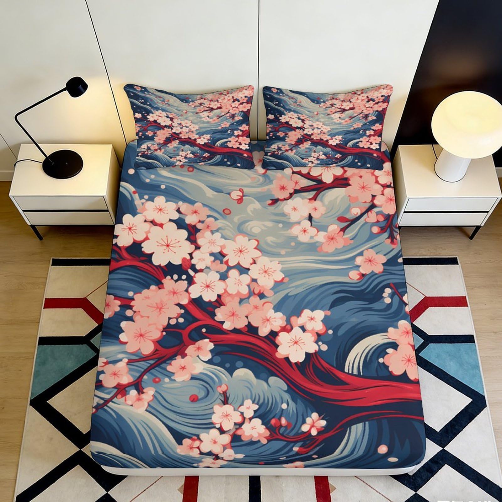 3D Printed Sakura Blossom Fitted Sheet Microfiber Soft Breathable Japanese Wave Mattress Cover for Bedroom Decor 90x200x25cm