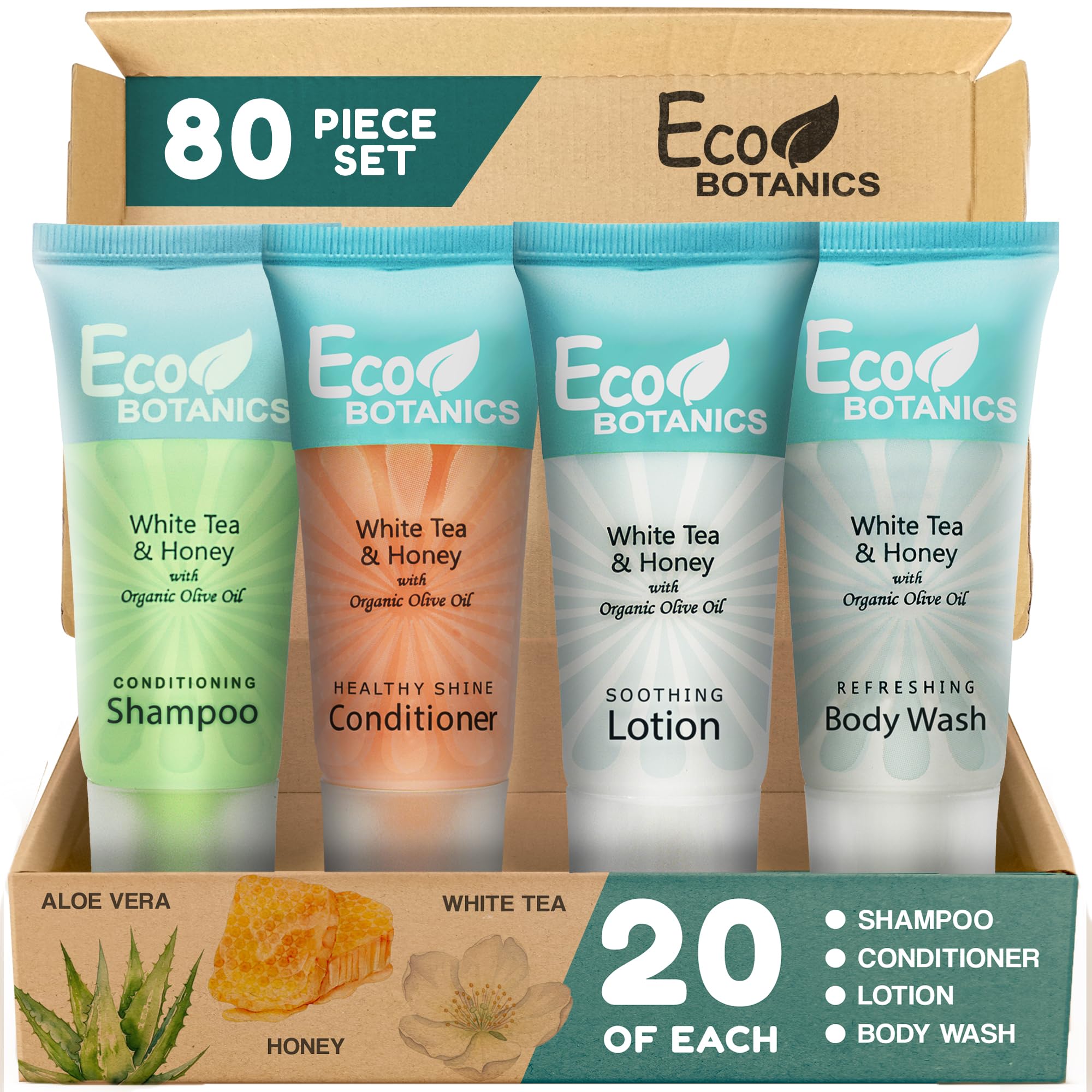 Eco Botanics Toiletries Set | 1-Shoppe Amenities Kit | 0.85oz Shampoo & Conditioner, Body Wash, Lotion | Travel Size | 80 Pieces