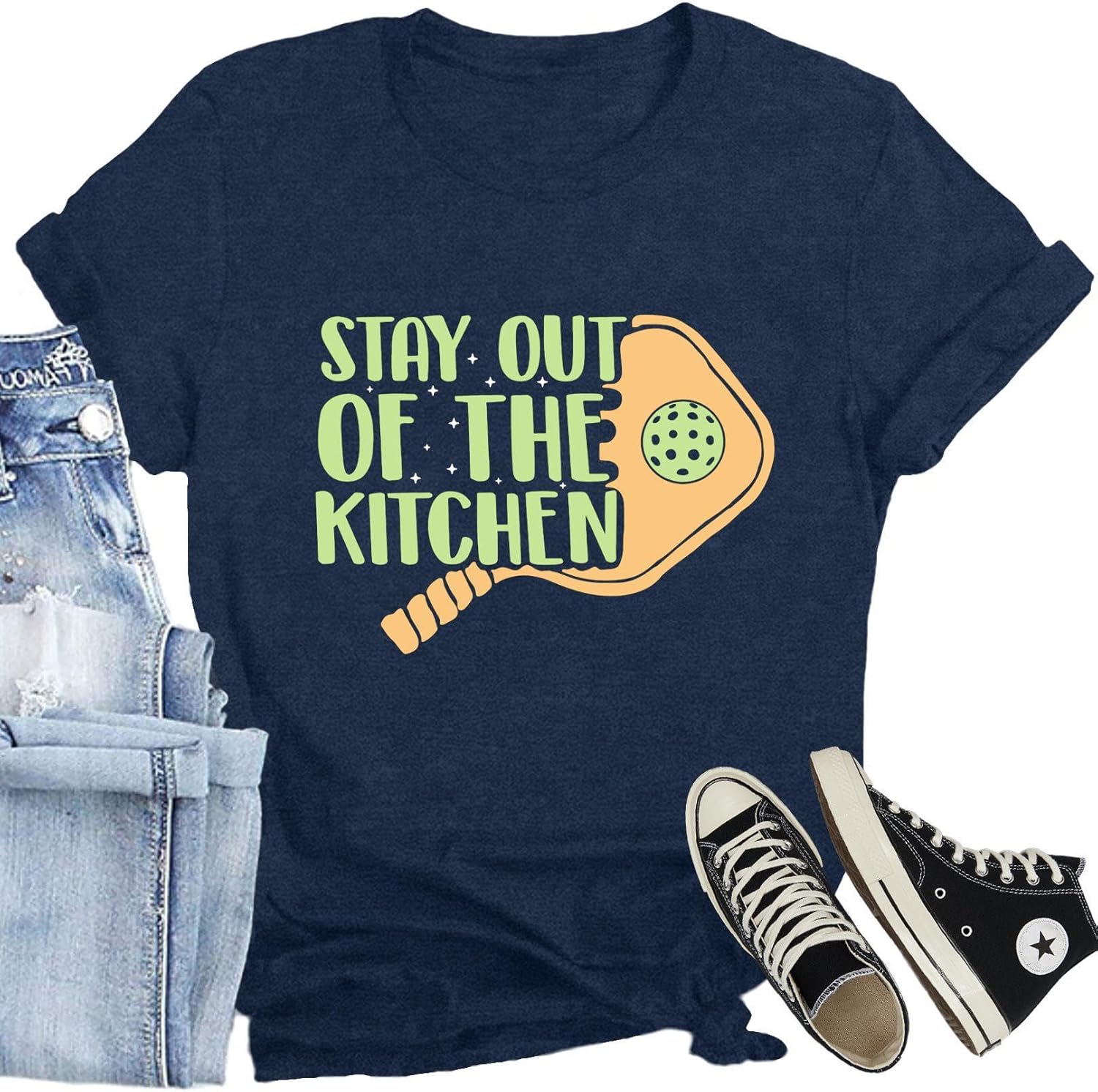 CQF Pickleball Shirts for Women Stay Out of The Kitchen Printed T-Shirt Funny Pickleball Player Lover Tee Tops
