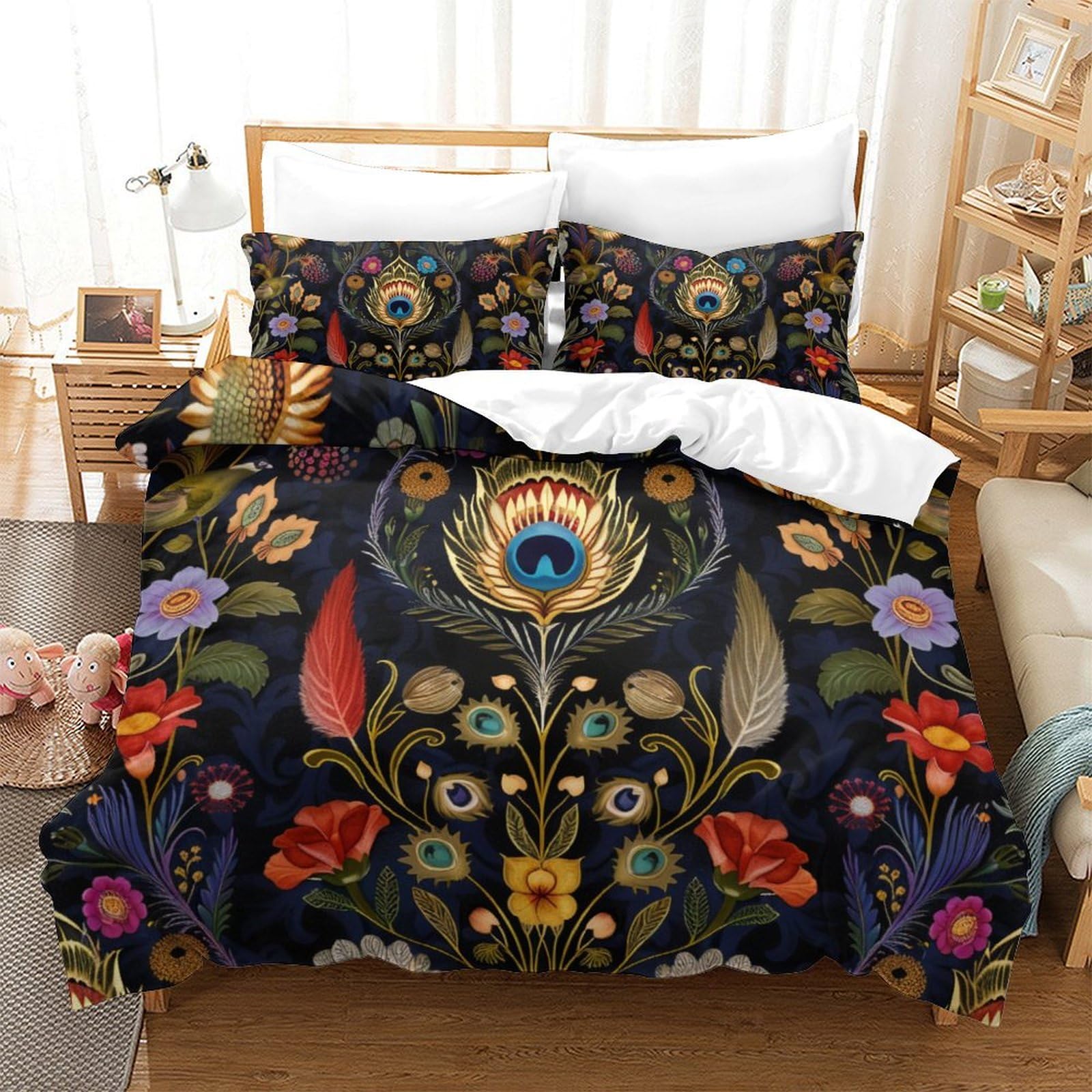 Housse de couette paon zippée et anti-plis en microfibre douce 260x220cm