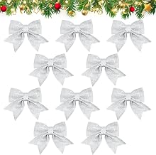 MELLIEX 10 x Christmas Ribbon Bows Christmas Tree Bowknot for Christmas Trees, Wreaths, Christmas Gift Wrapping Supplies – Silver