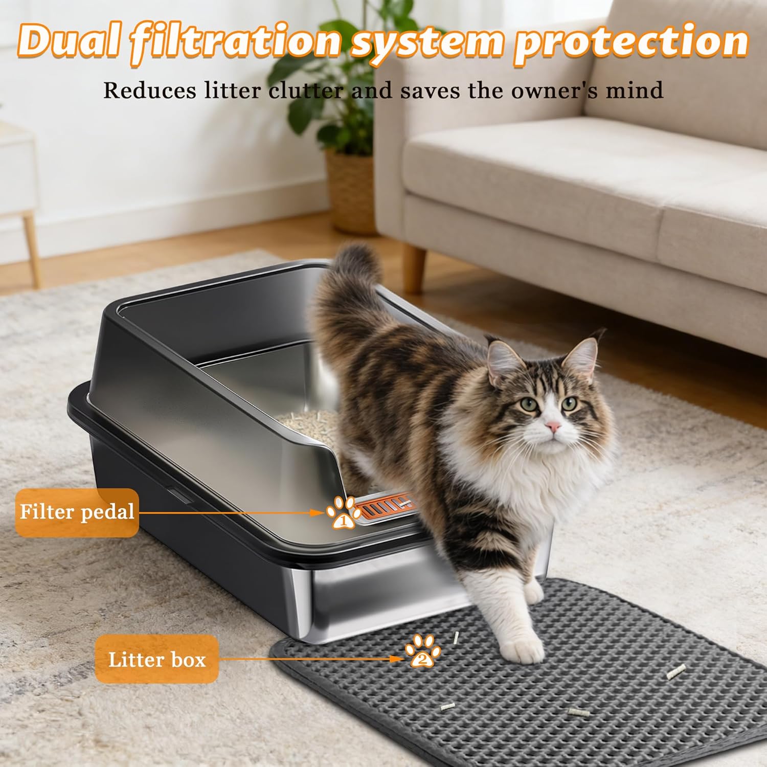 Stainless Steel Cat Litter Box, XL High Sided Metal Litter Pan 23.6" x 15.7" x 7.9", Odor Resistant Easy Clean, Includes Litter Mat & Scoop for Large Cats
